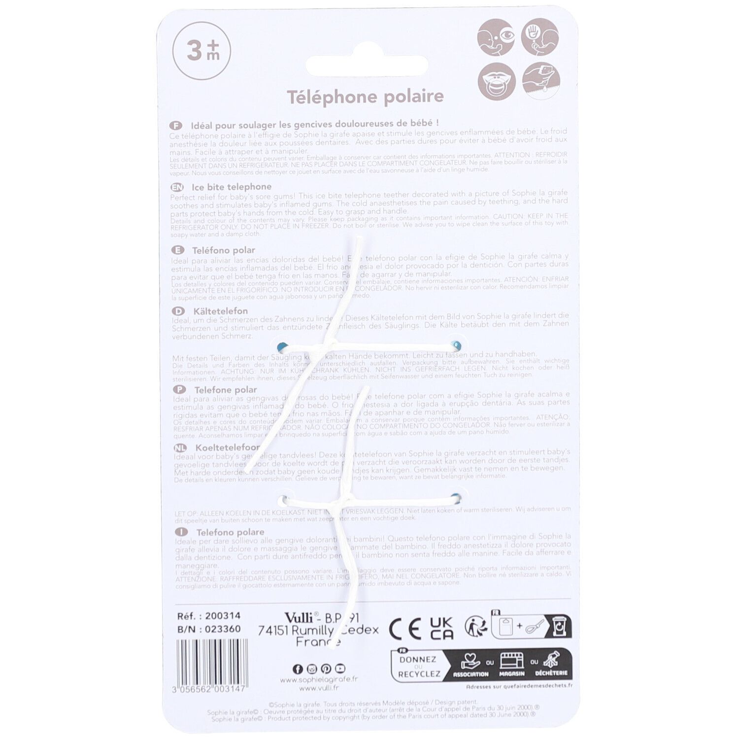 Dos de l'emballage. Texte multilingue. Nom du produit : Téléphone polaire. Âge 3m+. Logos et certifications.