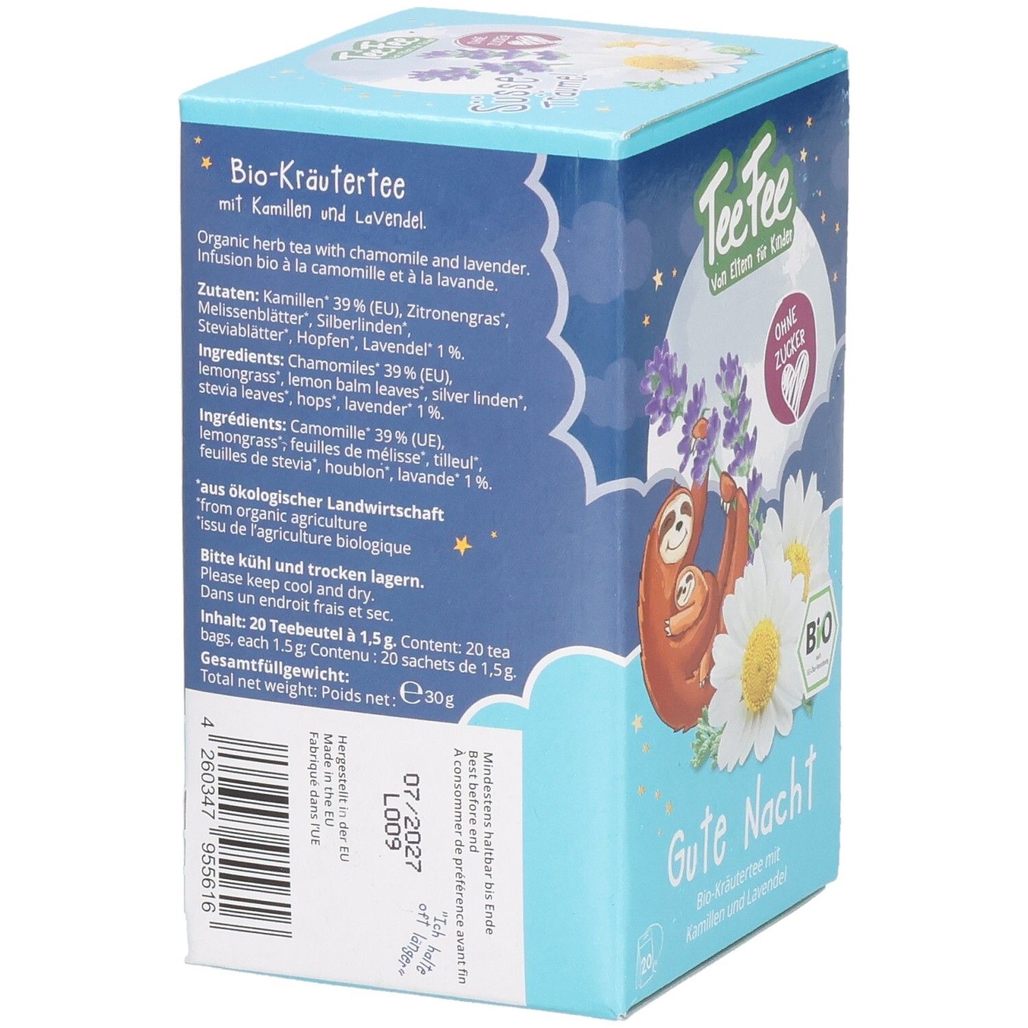 Rückseite Verpackung TeeFee Gute Nacht Bio-Kräutertee mit Kamille und Lavendel, 20 Beutel.