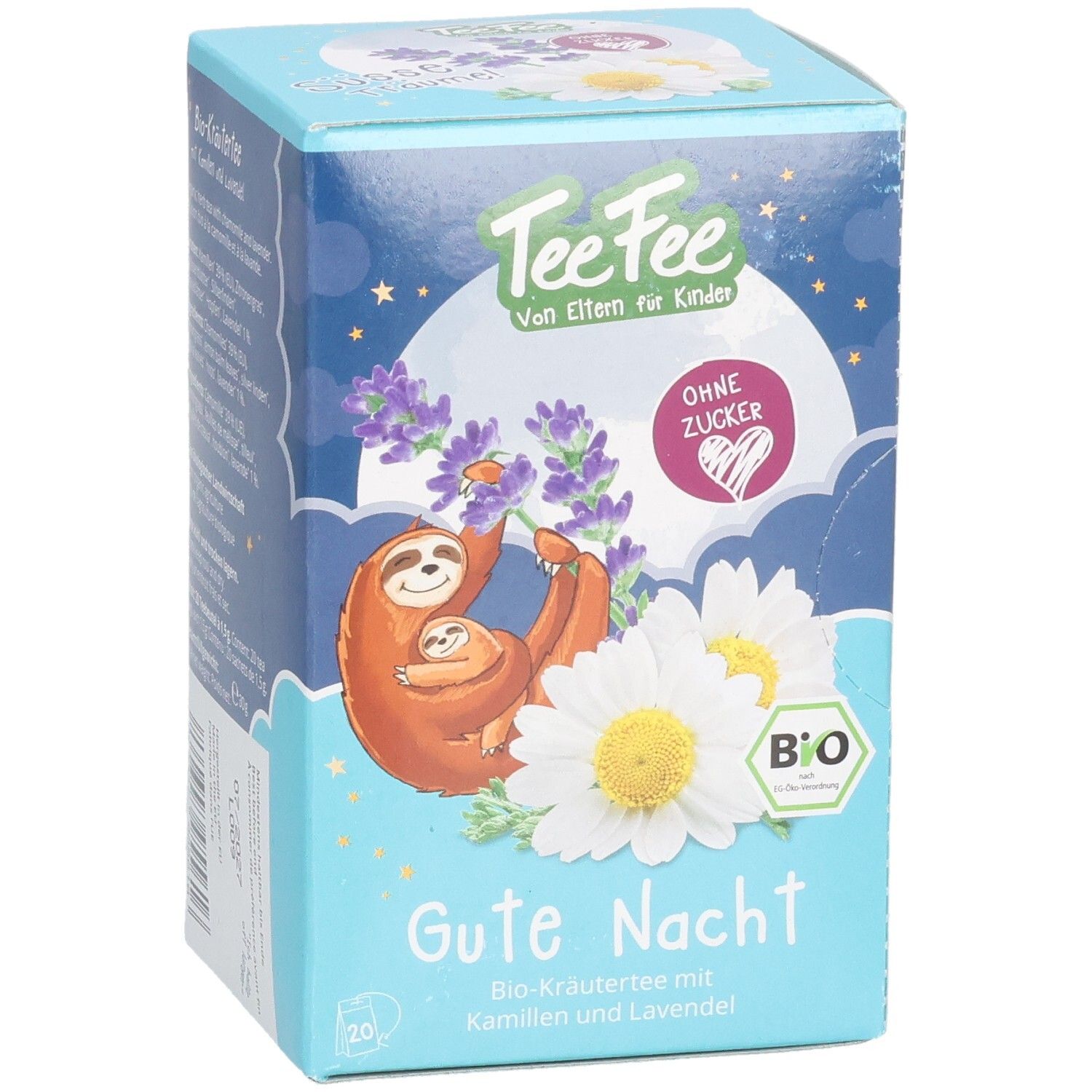 Vorderseite Verpackung TeeFee Gute Nacht Bio-Kräutertee mit Kamille und Lavendel, 20 Beutel.