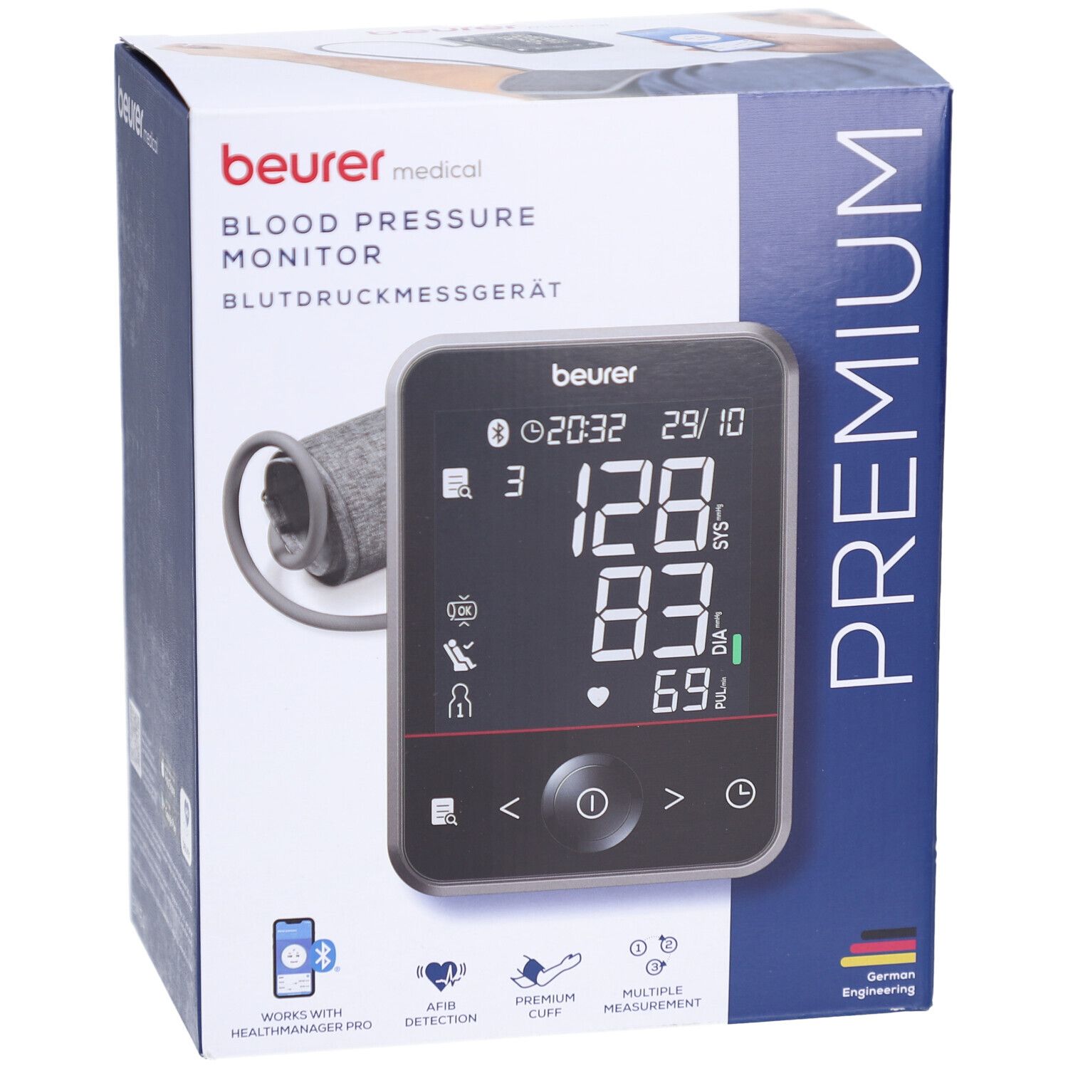 Blutdruckmessgerät mit Display und Manschette. Produktname und Marke sichtbar. Premium-Ausführung.