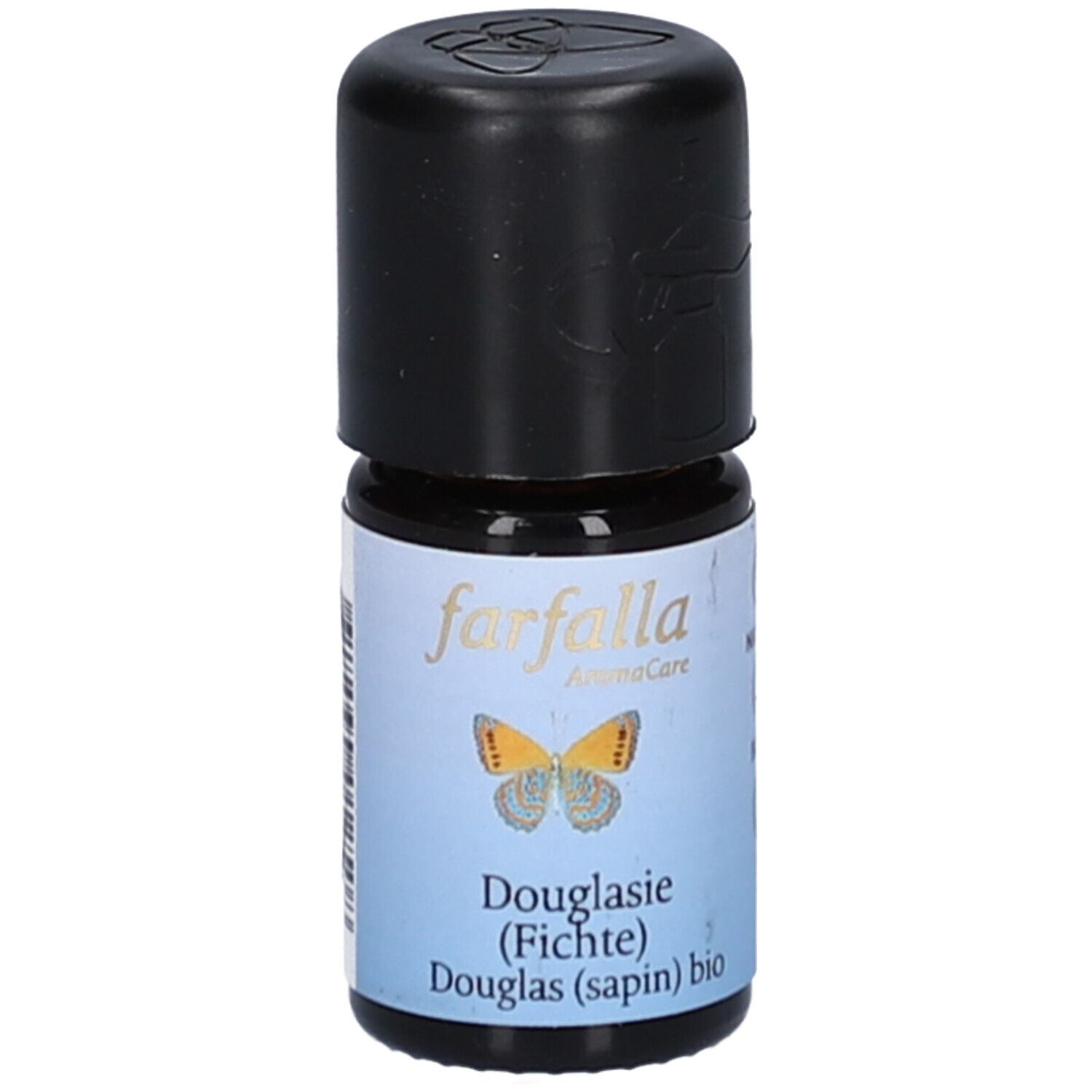Braune Glasflasche mit schwarzem Deckel. Etikett mit Schmetterling und Schriftzug 'farfalla Douglasie (Fichte) bio'.