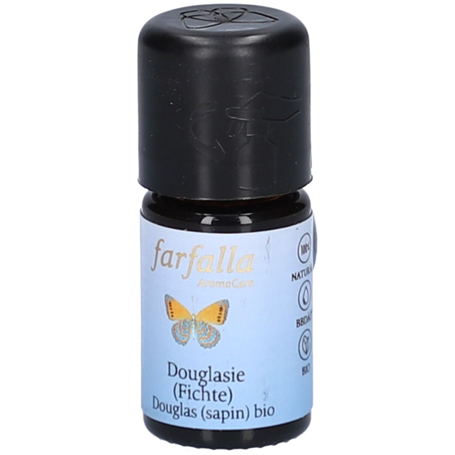 Braune Glasflasche mit schwarzem Deckel. Etikett mit Schmetterling, '100% Natural' und Schriftzug 'farfalla Douglasie (Fichte) bio'.
