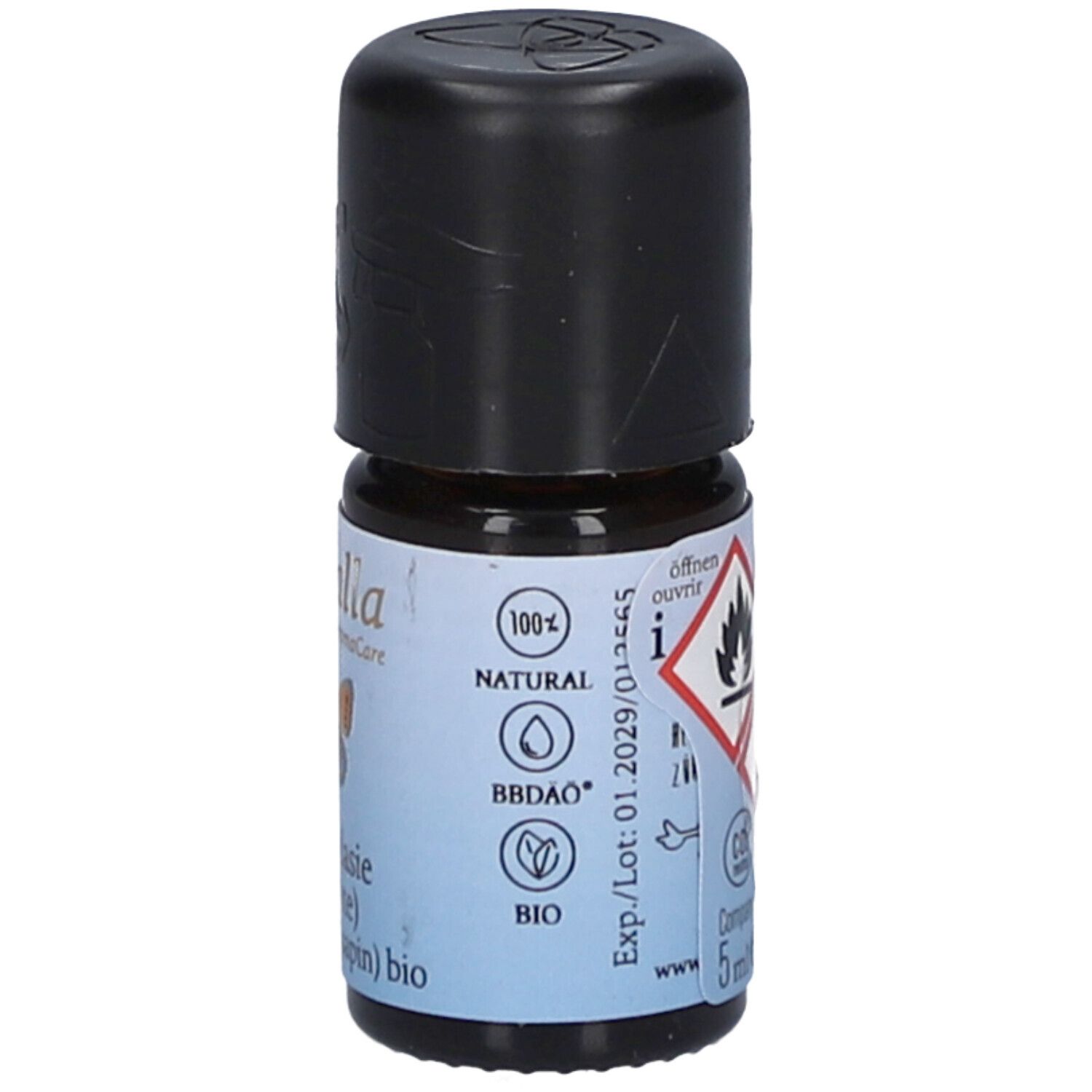 Braune Glasflasche mit schwarzem Deckel. Etikett mit Symbolen, '100% Natural' und Schriftzug 'farfalla Douglasie (Fichte) bio'.