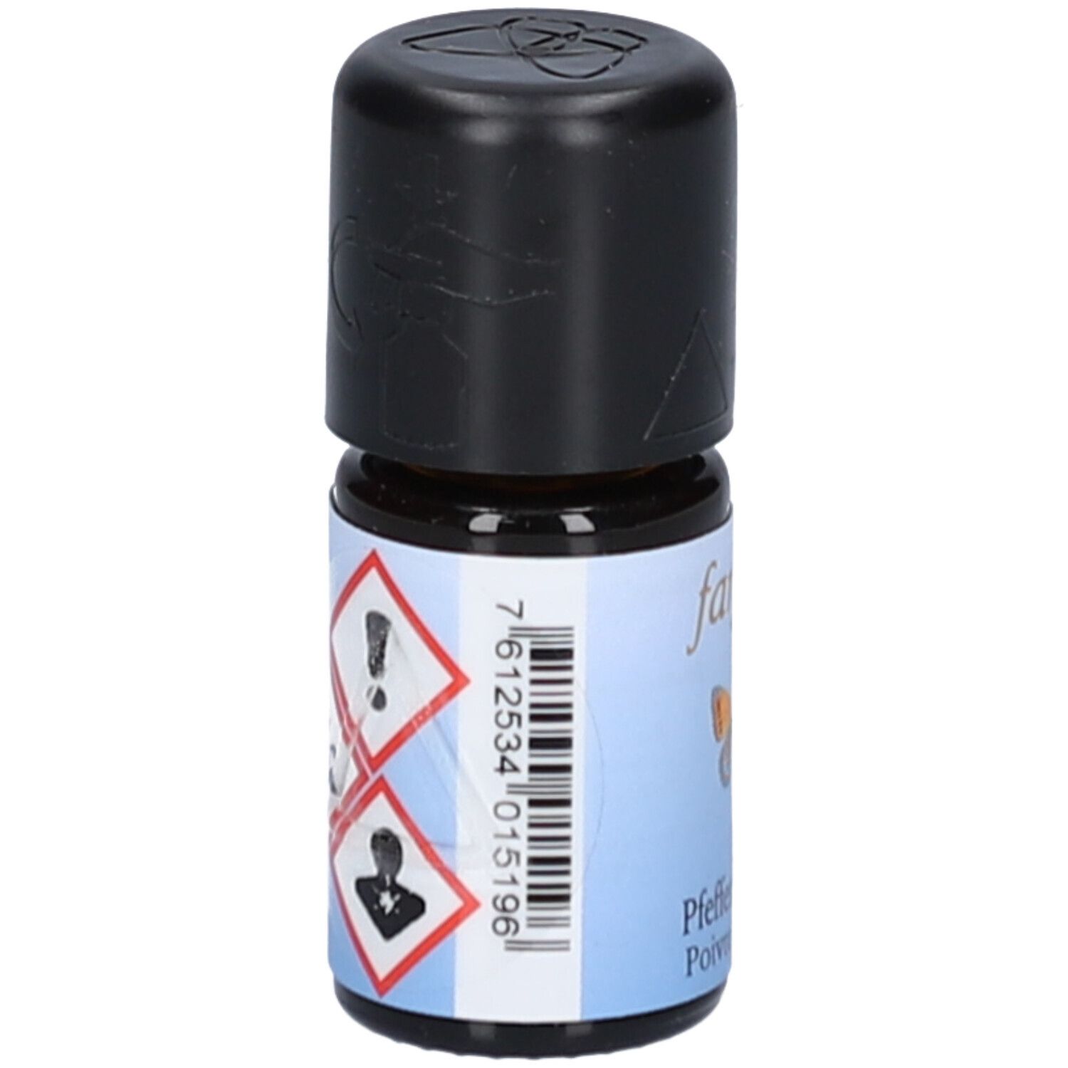 Braune Glasflasche mit schwarzem Deckel. Aufkleber mit Warnsymbolen und Barcode. Aufschrift: farfalla, Pfeffer schwarz, Poivre noir bio.