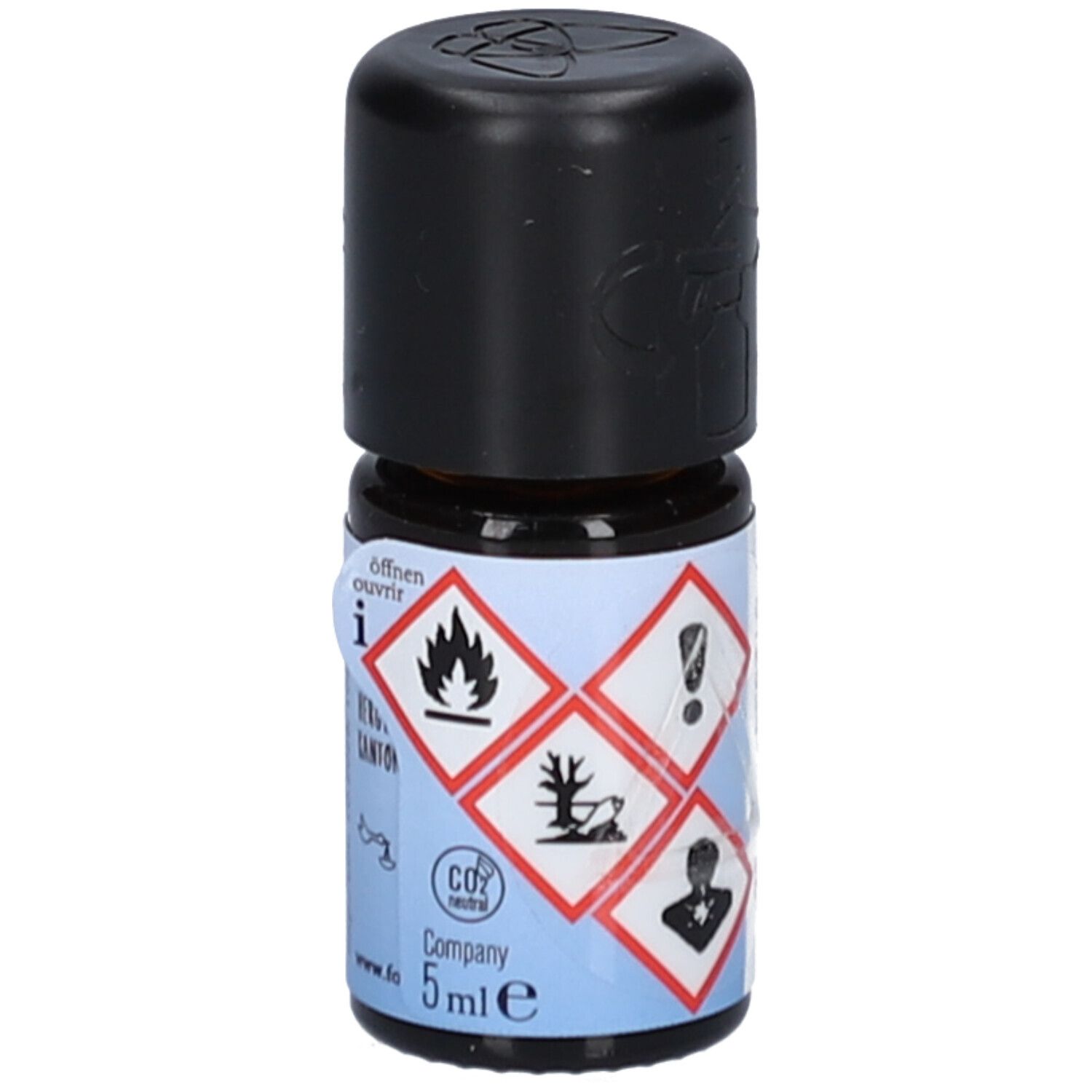 Braune Glasflasche mit schwarzem Deckel. Aufkleber mit Warnsymbolen. Aufschrift: farfalla, Pfeffer schwarz, Poivre noir bio. Volumen: 5 ml.