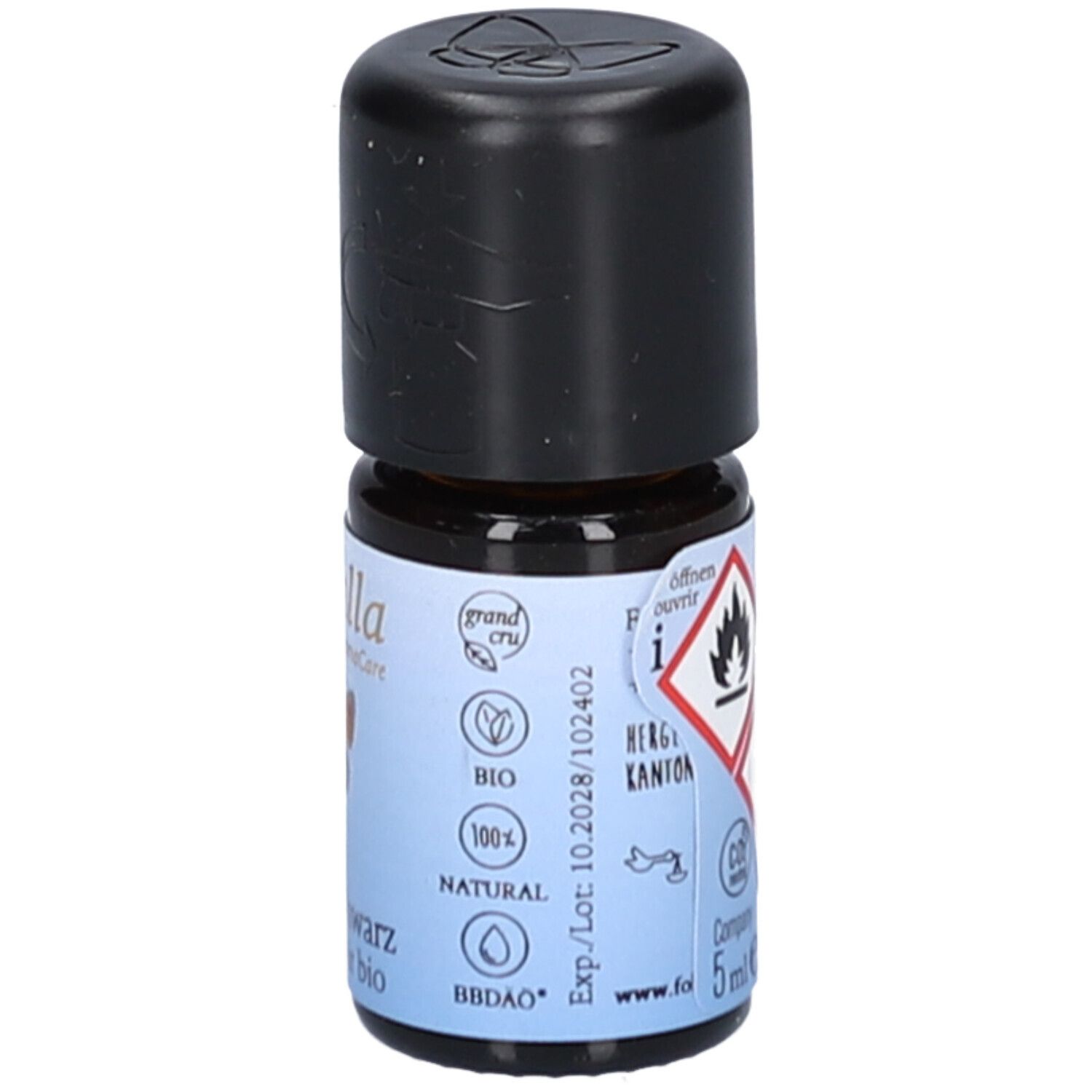 Braune Glasflasche mit schwarzem Deckel. Aufkleber mit Warnsymbolen, Text: farfalla, Pfeffer schwarz, Poivre noir bio. Volumen: 5 ml.
