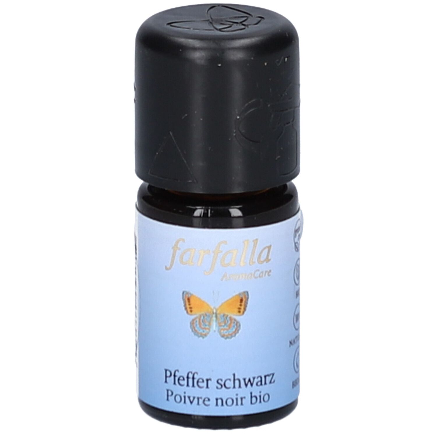 Kleine braune Glasflasche mit schwarzem Deckel. Aufschrift: farfalla, Pfeffer schwarz, Poivre noir bio. Abbildung eines Schmetterlings.