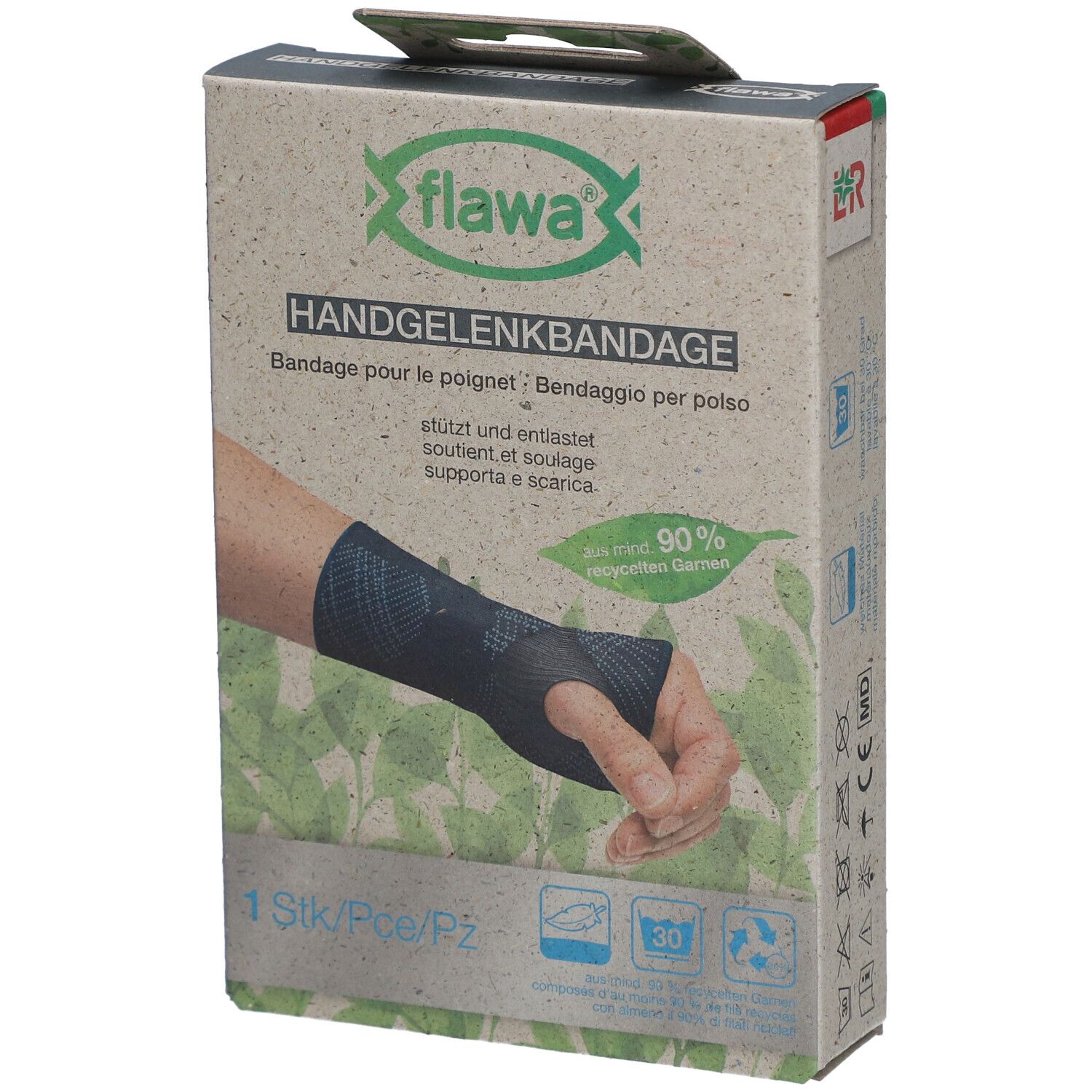 Verpackung der Handgelenkbandage. Marke flawa®. Text: Handgelenkbandage, Bandage für das Handgelenk. Enthält 1 Stück. Mit Recycling-Logo.