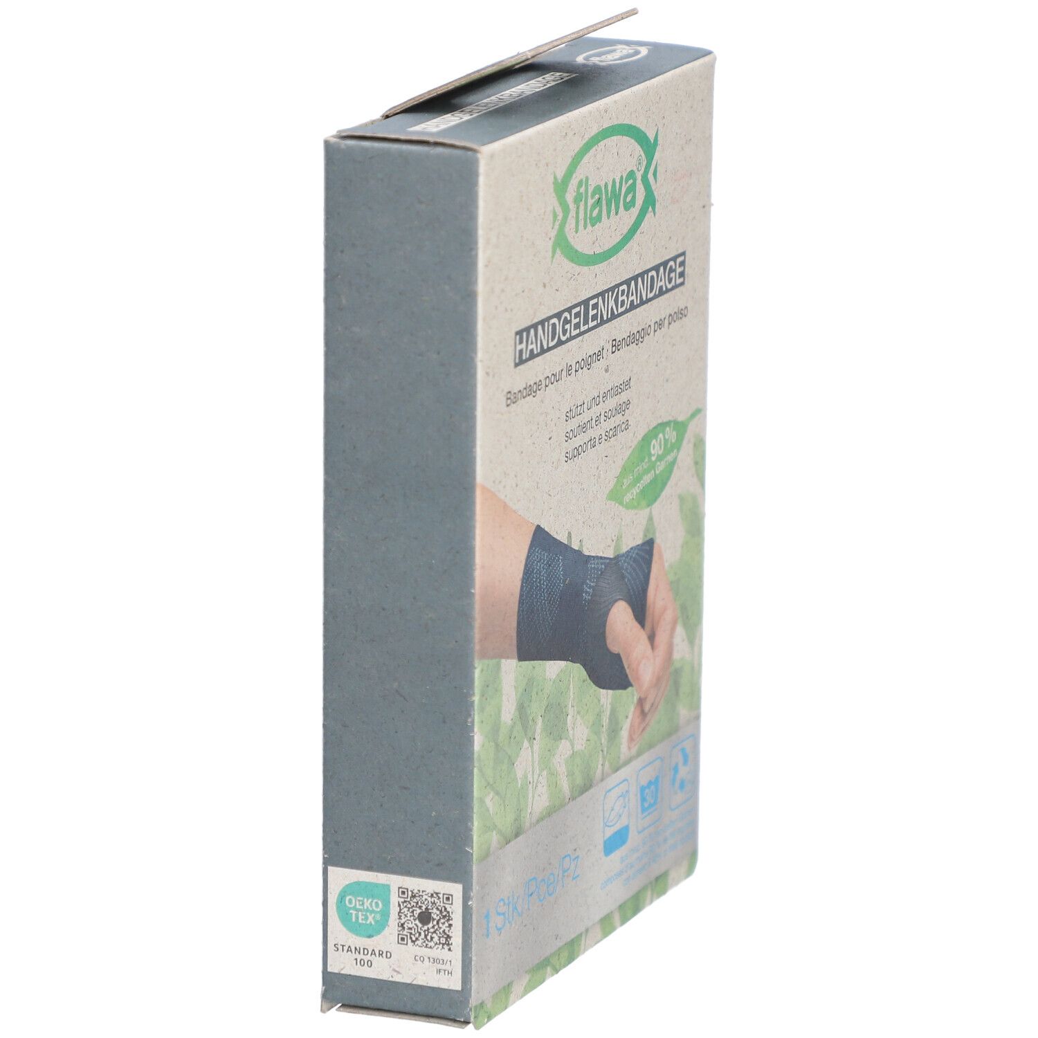 Seitenansicht der Verpackung der Handgelenkbandage. Marke flawa®. Text: Handgelenkbandage. Mit Recycling-Logo.