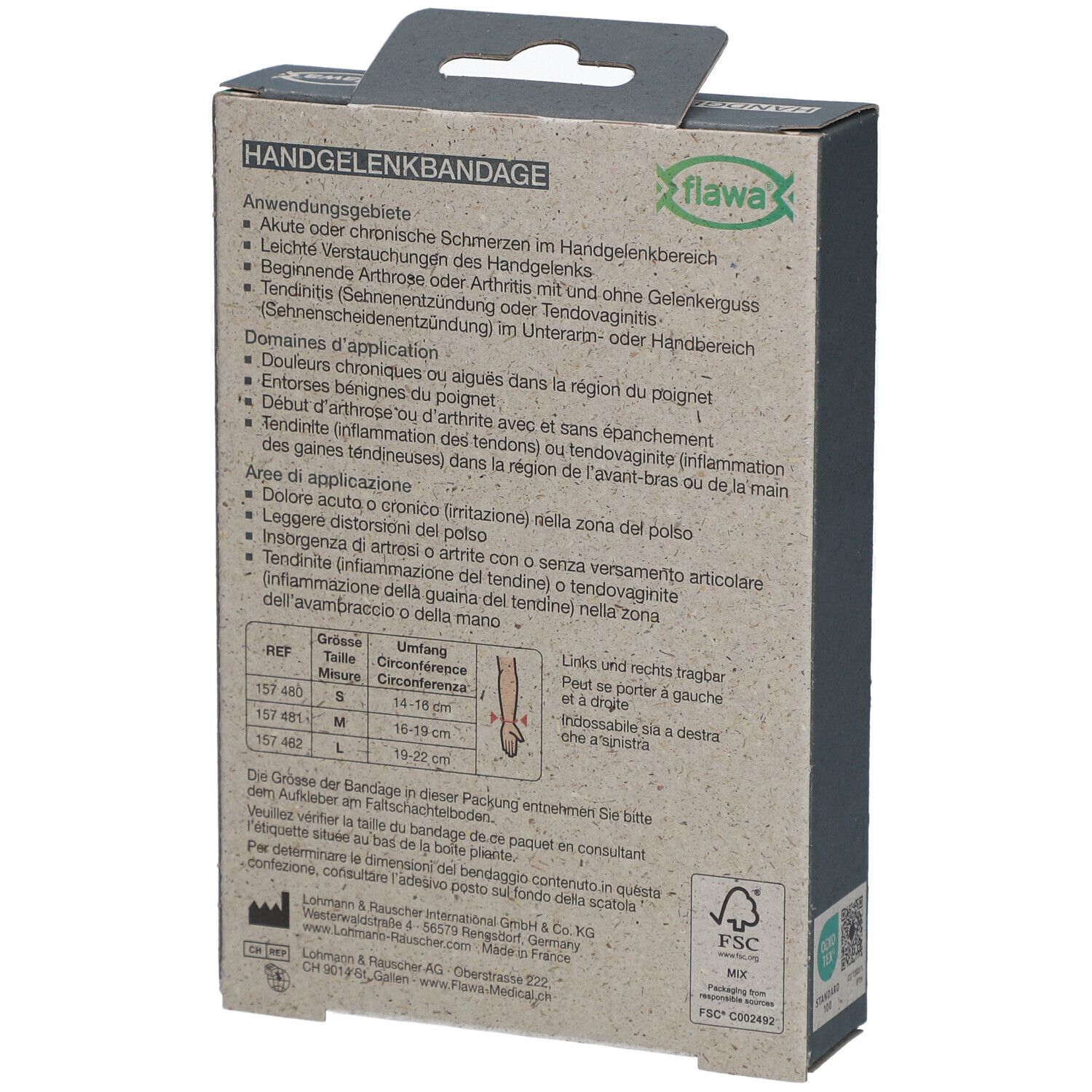 Rückseite der Verpackung der Handgelenkbandage. Marke flawa®. Text: Handgelenkbandage. Informationen zur Anwendung und Größen.