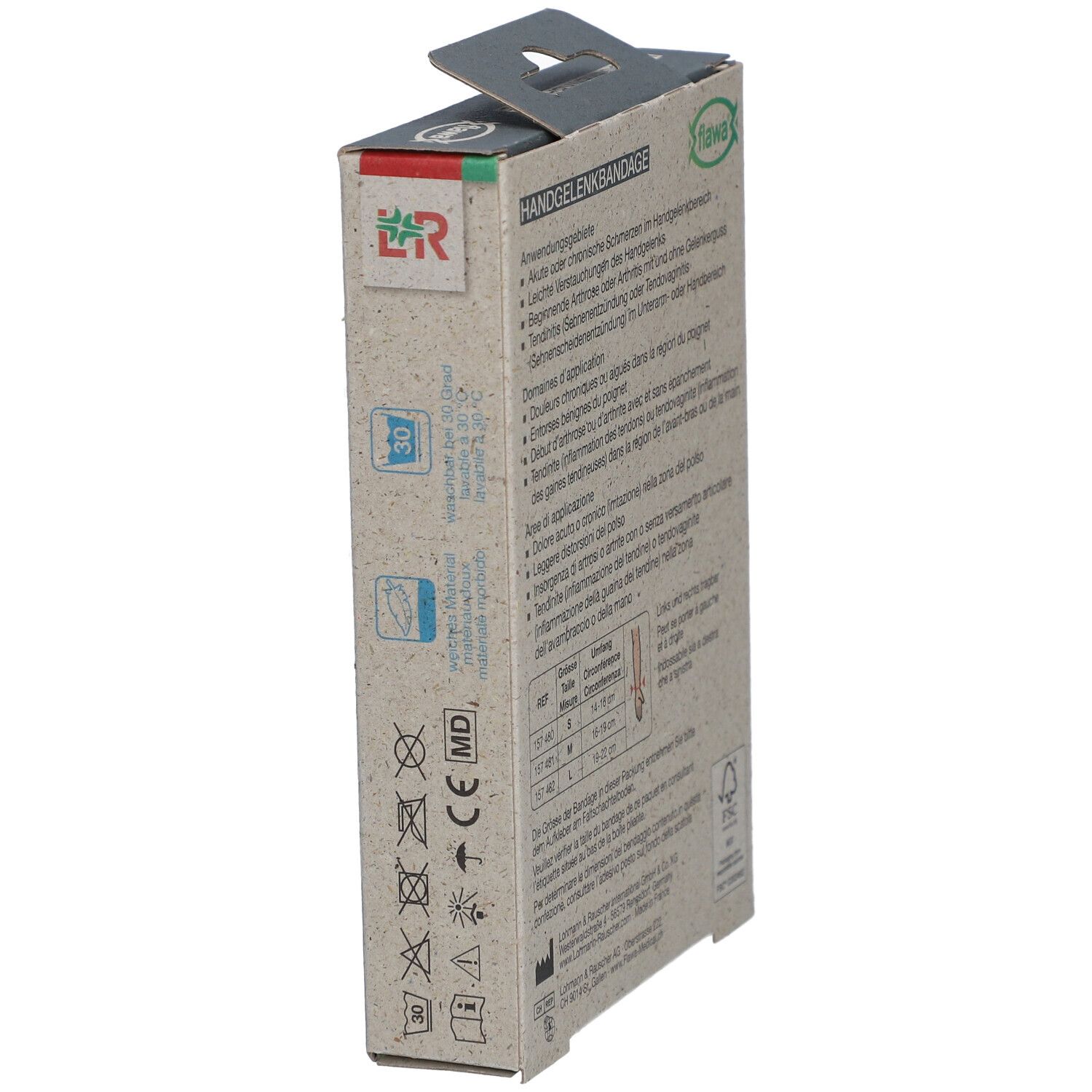 Seitenansicht der Verpackung der Handgelenkbandage. Marke flawa®. Text: Handgelenkbandage. Mit Waschsymbolen.