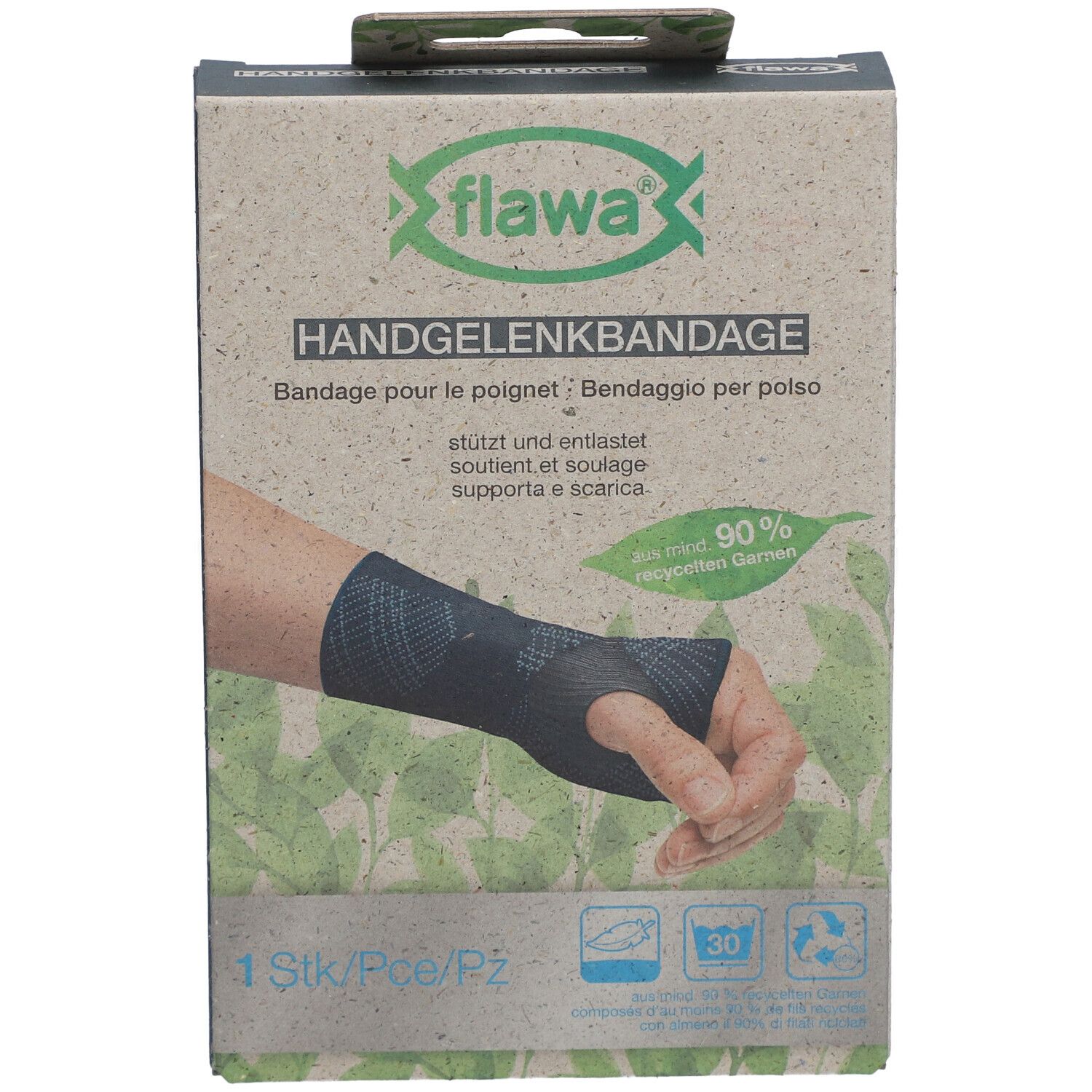 Vorderansicht der Verpackung der Handgelenkbandage. Marke flawa®. Text: Handgelenkbandage. Mit abgebildeter Handgelenkbandage.