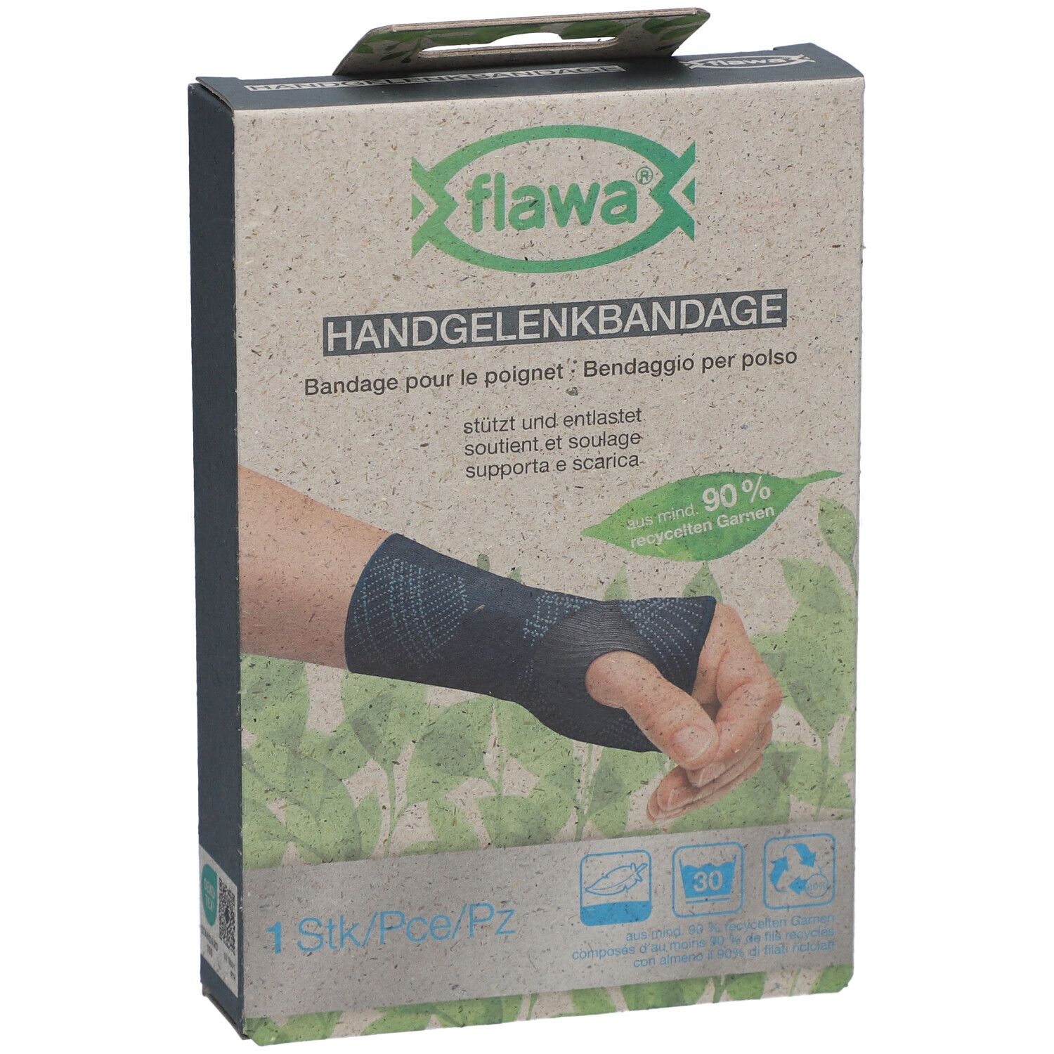 Vorderansicht der Verpackung der Handgelenkbandage. Marke flawa®. Text: Handgelenkbandage. Mit abgebildeter Handgelenkbandage.