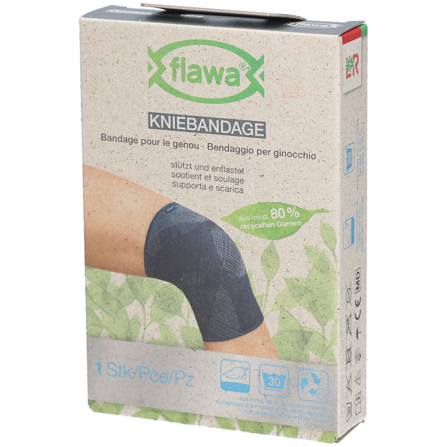Kniebandage in Verpackung. Marke flawa®. Aufdruck: Kniebandage, 1 Stück. Abbildung eines Knies mit Bandage.