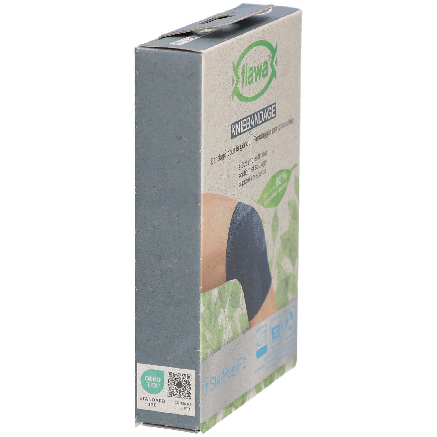 Verpackung der Kniebandage. Marke flawa®. Seitenansicht. Aufdruck: Kniebandage. Oeko-Tex Standard 100.