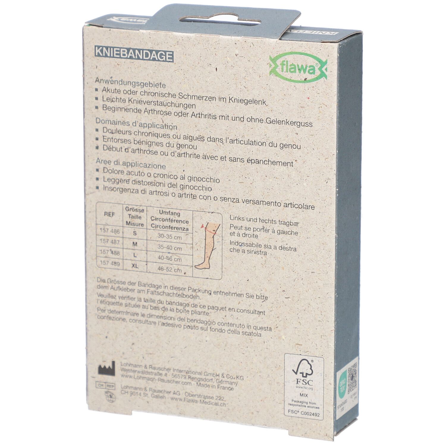 Rückseite der Kniebandage-Verpackung. Marke flawa®. Informationen zu Anwendungsgebieten und Größen. FSC-Zertifizierung.