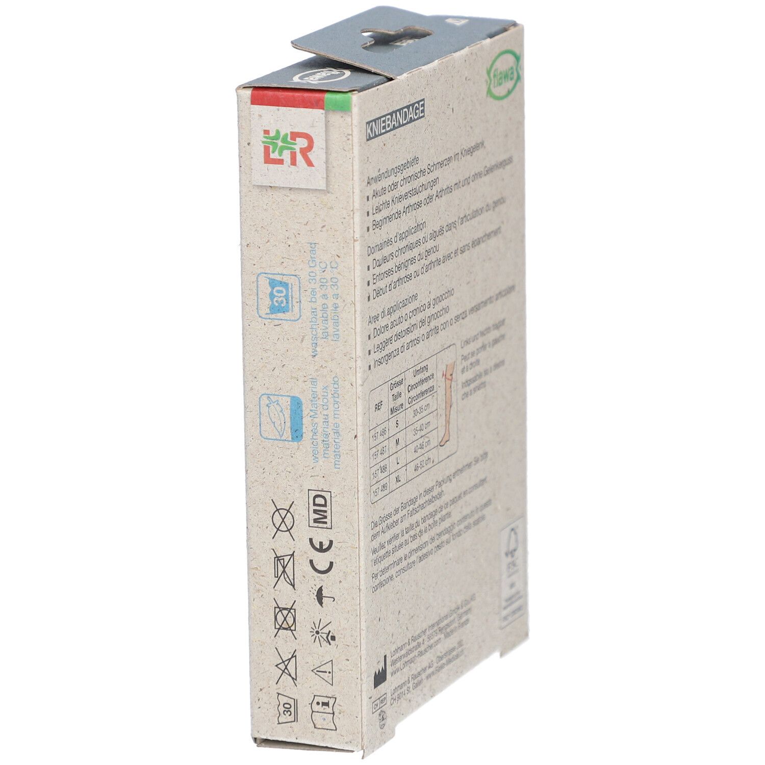 Kniebandage-Verpackung. Marke flawa®. Aufdruck: Kniebandage. Informationen zu Waschsymbolen und CE-Kennzeichnung.