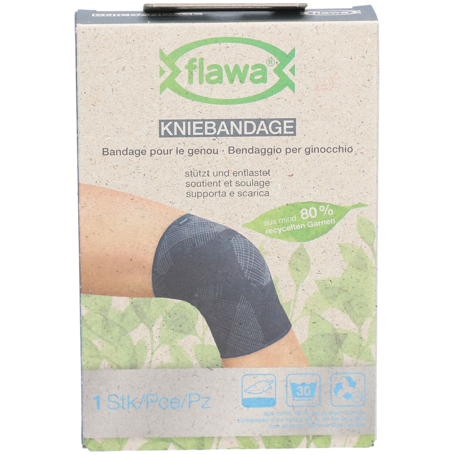 Kniebandage in Verpackung. Marke flawa®. Aufdruck: Kniebandage, 1 Stück. Abbildung eines Knies mit Bandage.