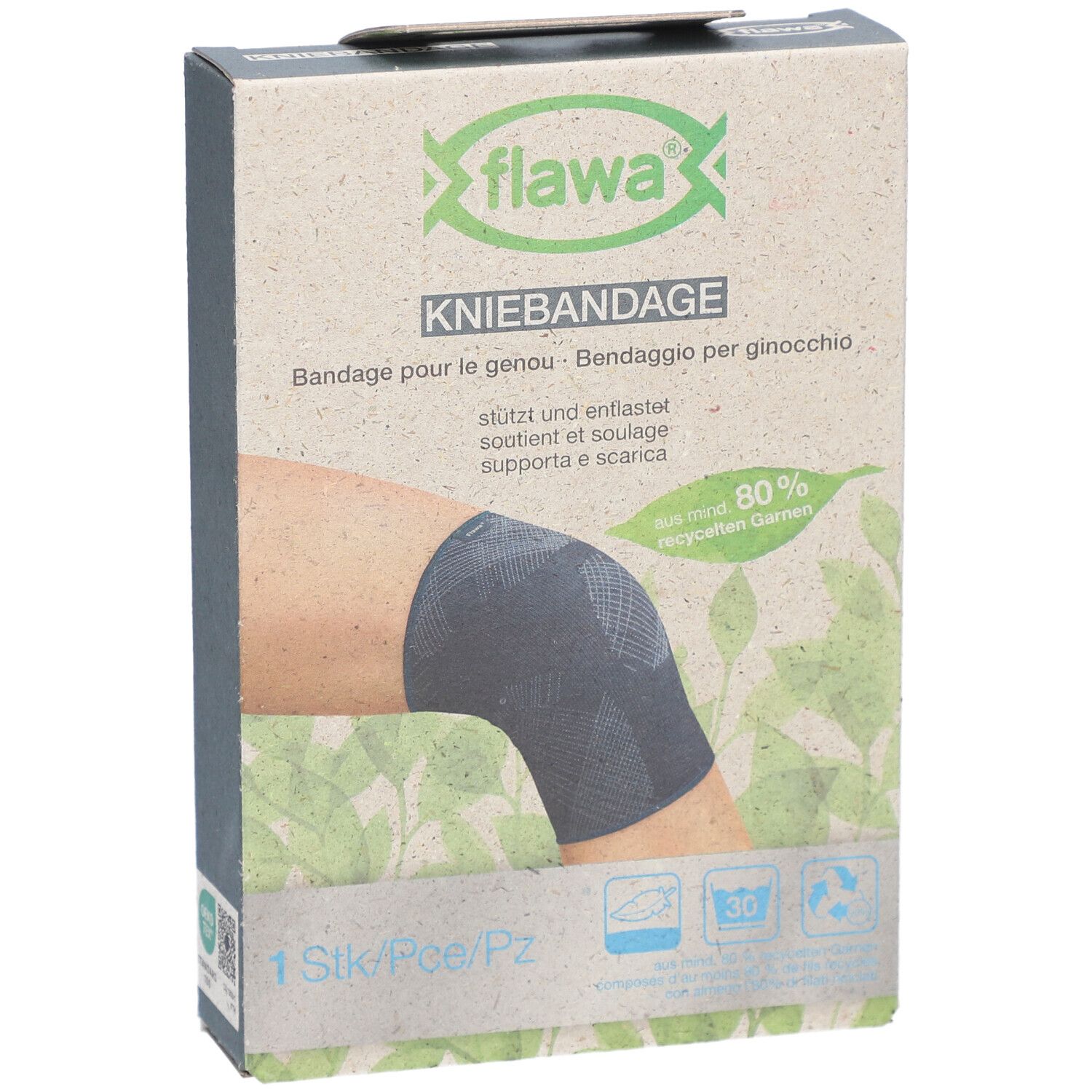 Kniebandage in Verpackung. Marke flawa®. Aufdruck: Kniebandage, 1 Stück. Abbildung eines Knies mit Bandage.