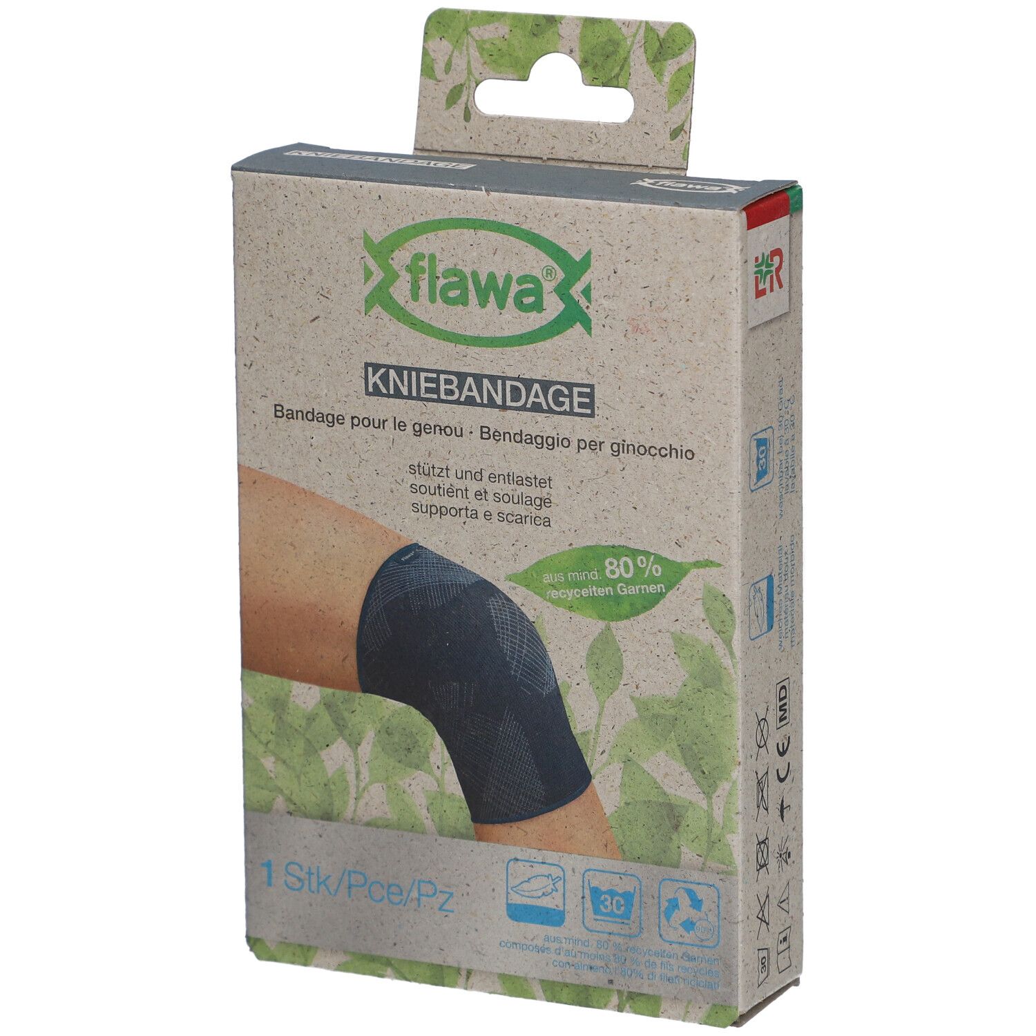 Genouillère dans son emballage. Marque flawa®. Texte: Kniebandage, Bandage pour le genou, Bendaggio per ginocchio. 1 pièce.