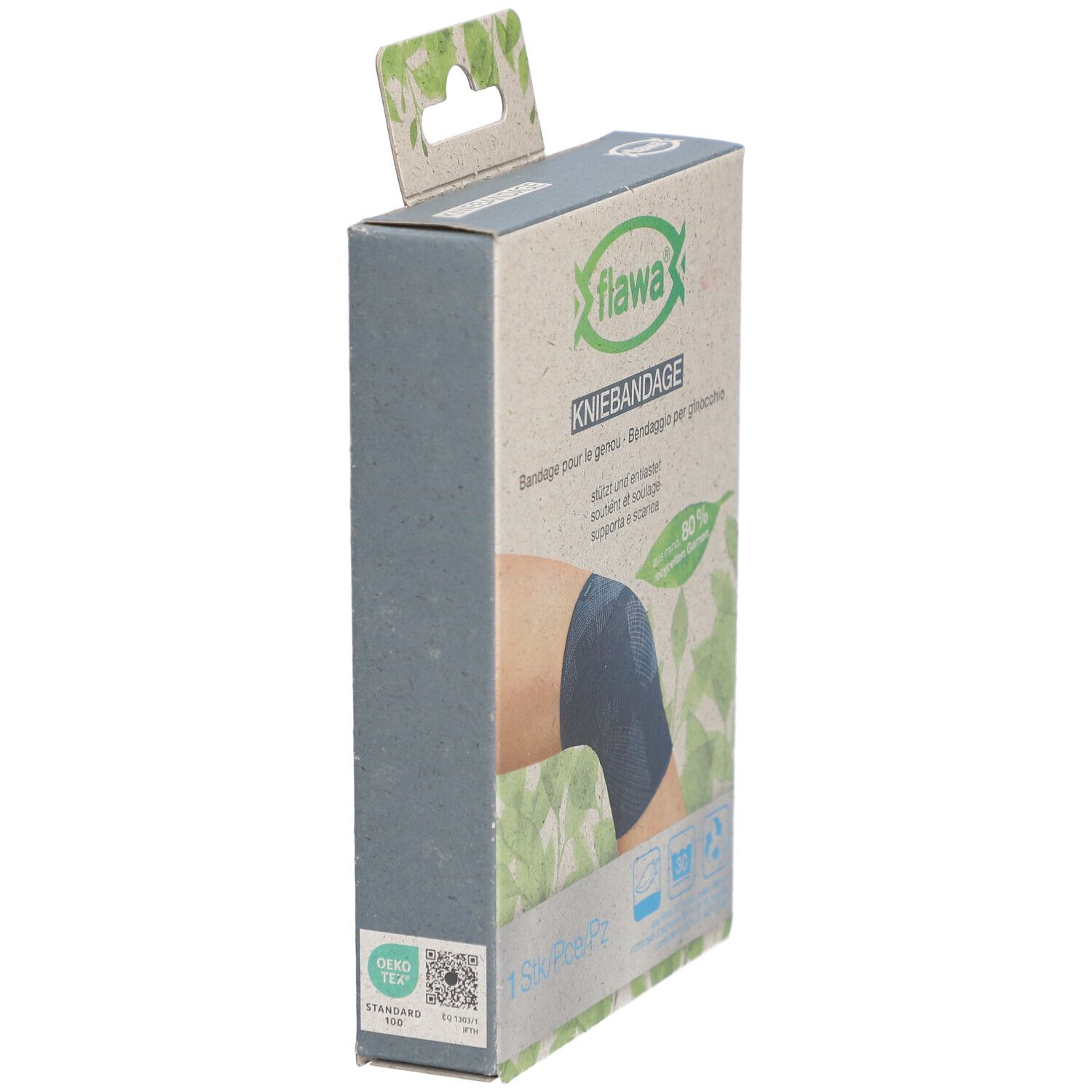 Emballage de la genouillère. Marque flawa®. Texte: Kniebandage, Bandage pour le genou, Bendaggio per ginocchio. Oeko-Tex Standard 100.