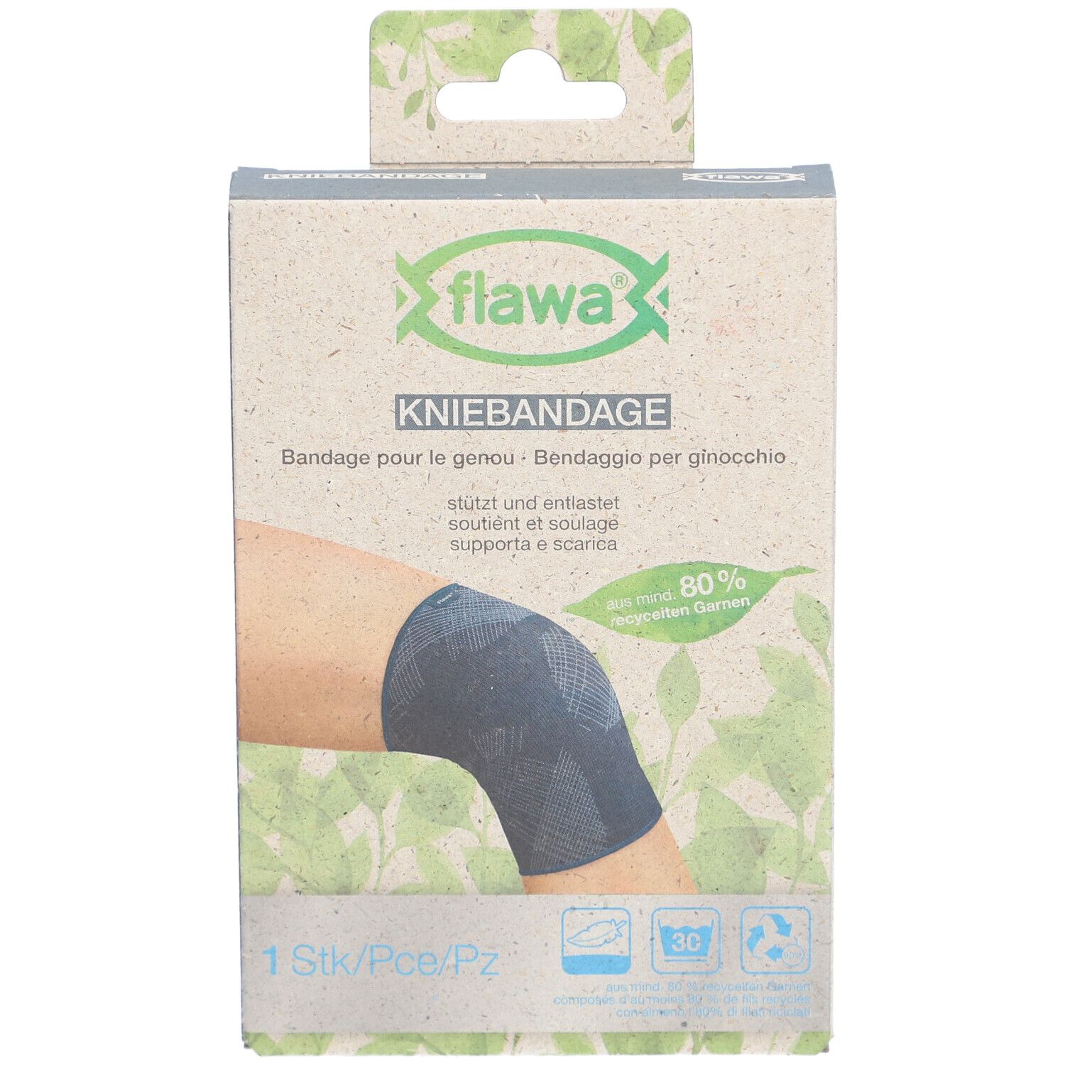 Genouillère dans son emballage. Marque flawa®. Texte: Kniebandage, Bandage pour le genou, Bendaggio per ginocchio. 1 pièce.
