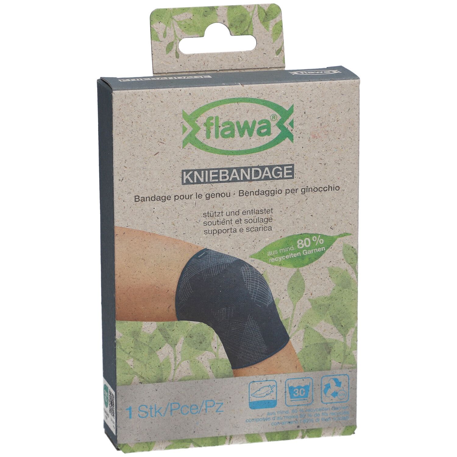 Genouillère dans son emballage. Marque flawa®. Texte: Kniebandage, Bandage pour le genou, Bendaggio per ginocchio. 1 pièce.