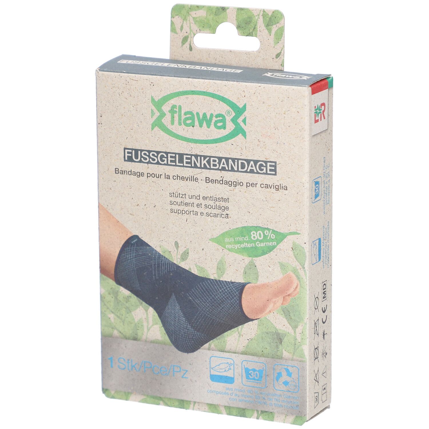 Verpackung der Knöchelbandage. Marke flawa®. Produktabbildung: Bandage am Fuß. Text: FUSSGELENKBANDAGE, 1 Stk/Pz.