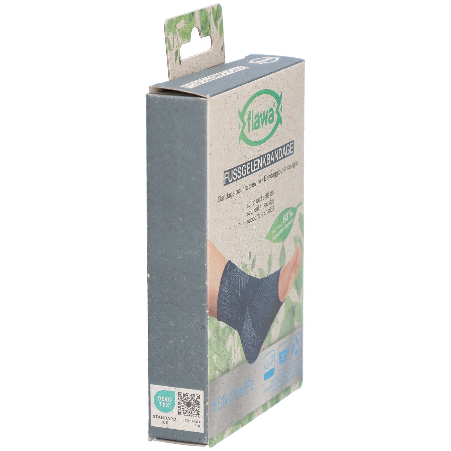 Seitenansicht der Verpackung. Marke flawa®. Text: FUSSGELENKBANDAGE. Oeko-Tex Standard 100. Aufhänger.