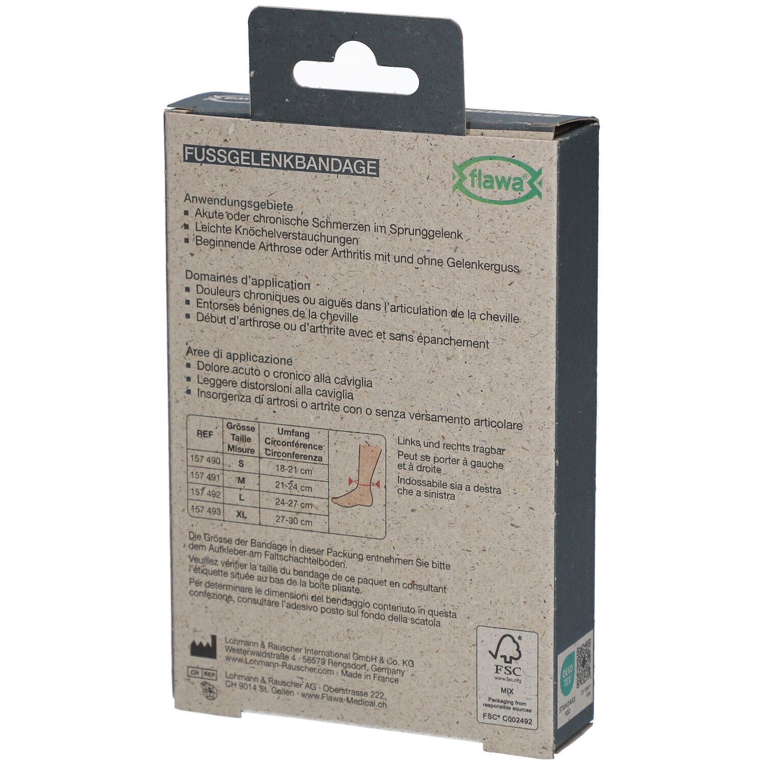 Rückseite der Verpackung. Text: FUSSGELENKBANDAGE. Anwendung, Größenangaben. FSC-Zertifizierung.