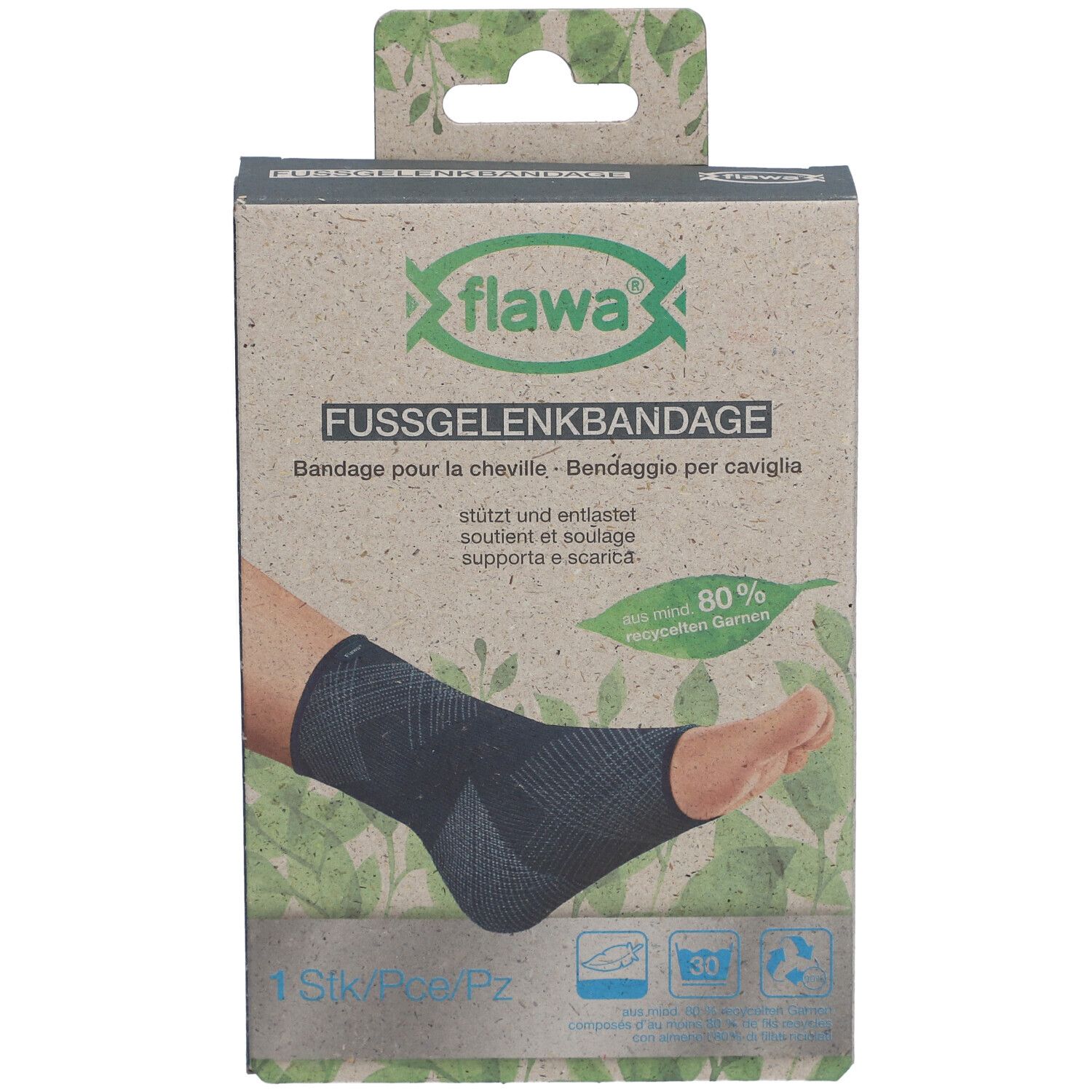 Verpackung der Knöchelbandage. Marke flawa®. Produktabbildung: Bandage am Fuß. Text: FUSSGELENKBANDAGE, 1 Stk/Pz.