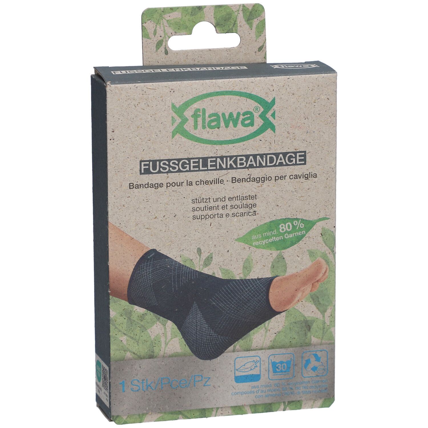 Verpackung der Knöchelbandage. Marke flawa®. Produktabbildung: Bandage am Fuß. Text: FUSSGELENKBANDAGE, 1 Stk/Pz.