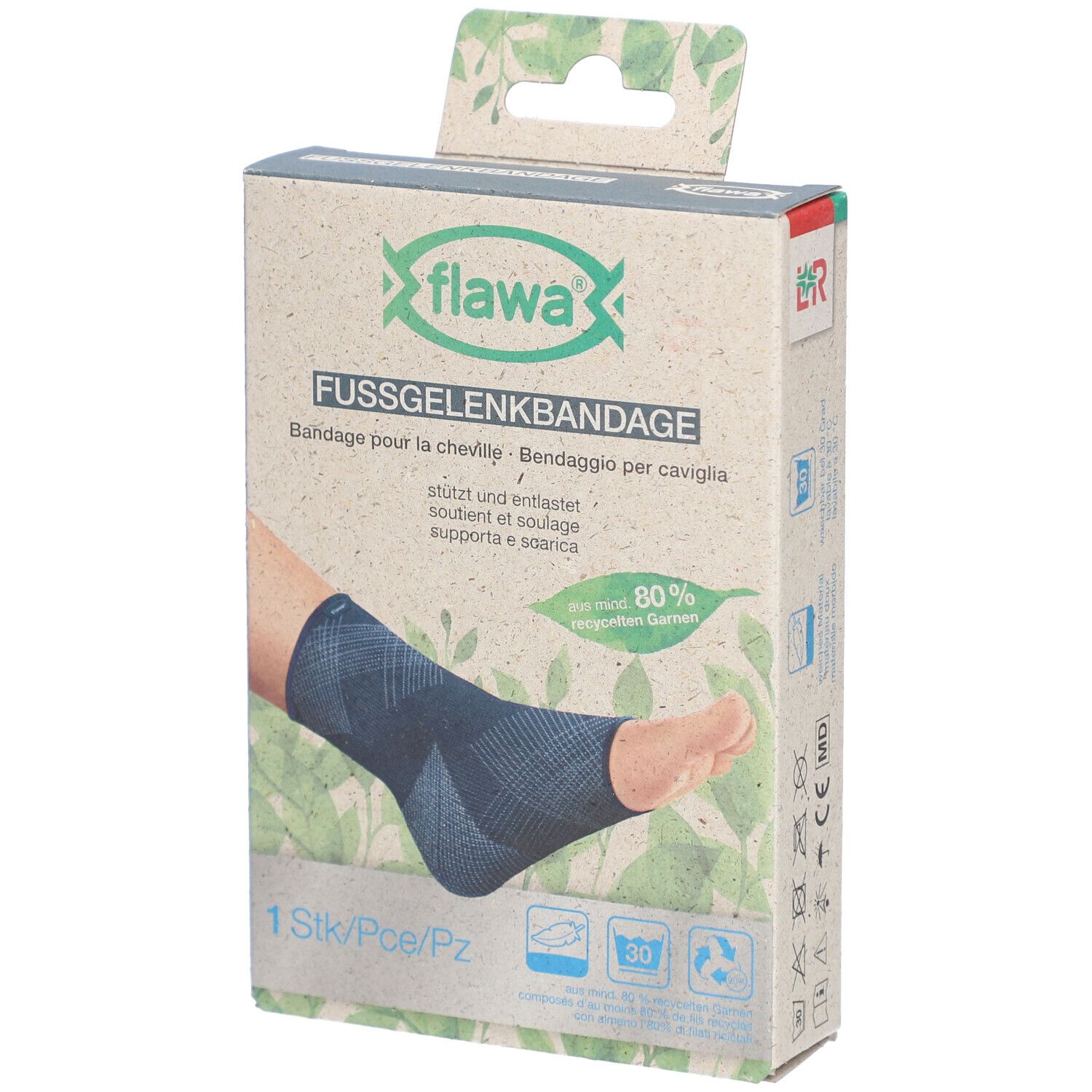 flawa® Knöchelbandage Größe M in Verpackung. Text: FUSSGELENKBANDAGE, Bandage pour la cheville, Benda per caviglia.