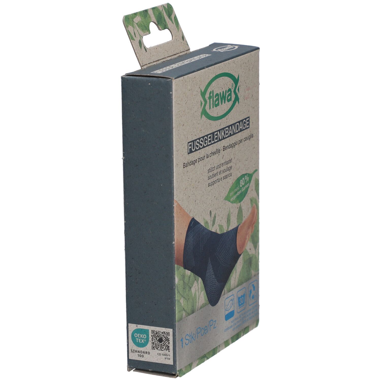 Verpackung der flawa® Knöchelbandage. Seitenansicht. Text: FUSSGELENKBANDAGE, Bandage pour la cheville, Benda per caviglia.