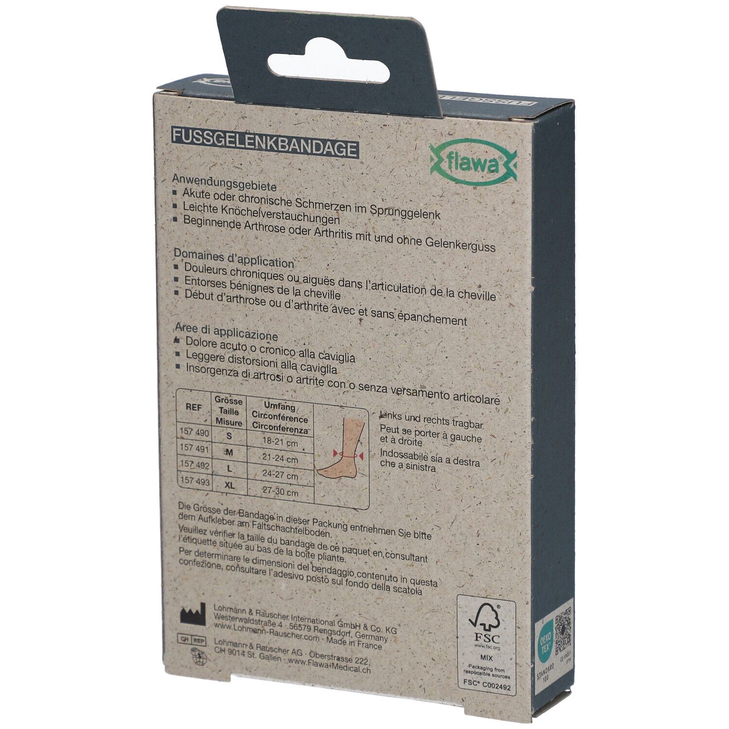 Rückseite der flawa® Knöchelbandage Verpackung. Text: Anwendunggebiete, Domaines d'application, Area di applicazione.
