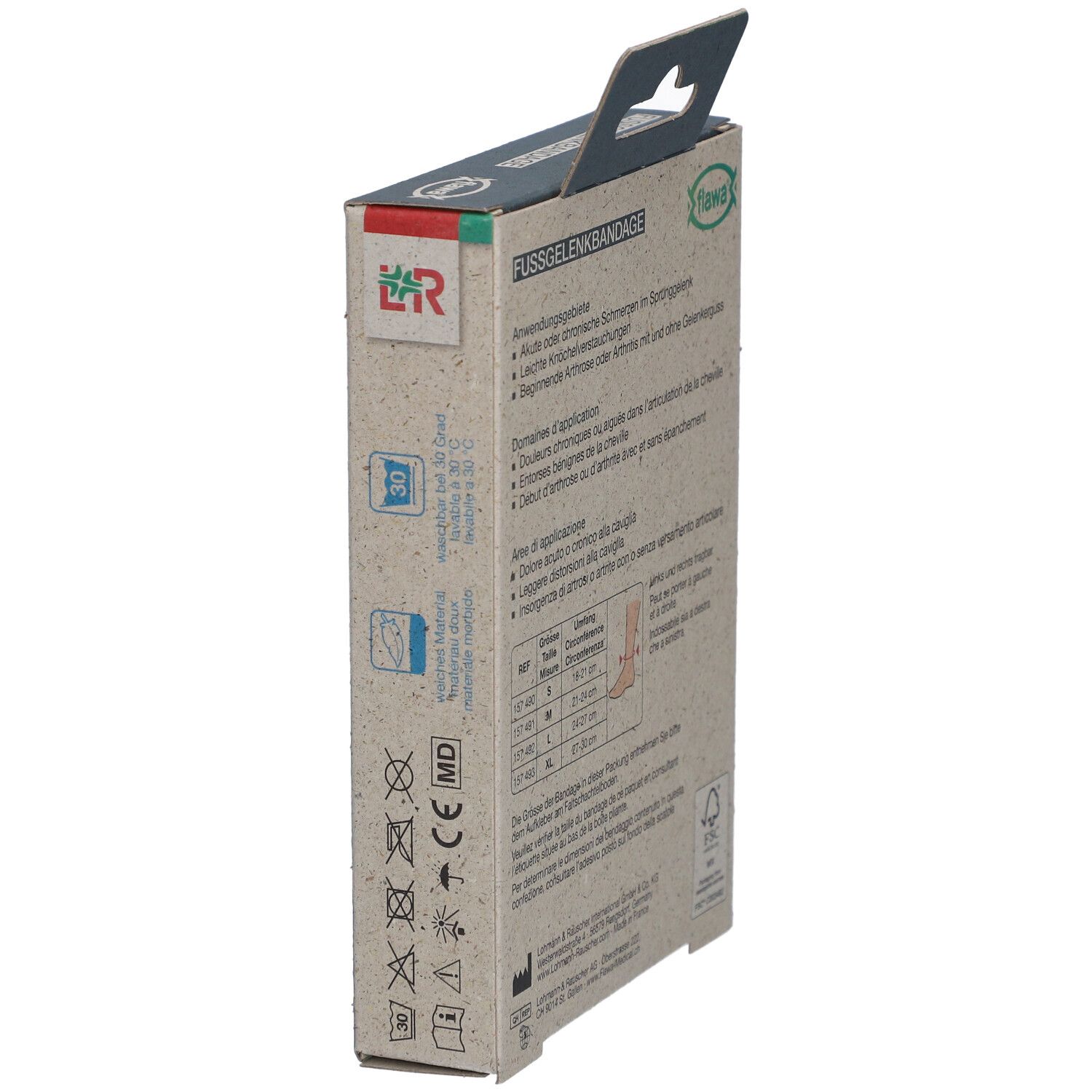 Seitenansicht der flawa® Knöchelbandage Verpackung. Text: FUSSGELENKBANDAGE, Anwendunggebiete, Domaines d'application.