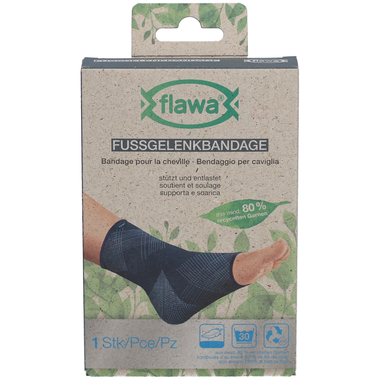 flawa® Knöchelbandage Größe M in Verpackung. Text: FUSSGELENKBANDAGE, Bandage pour la cheville, Benda per caviglia.