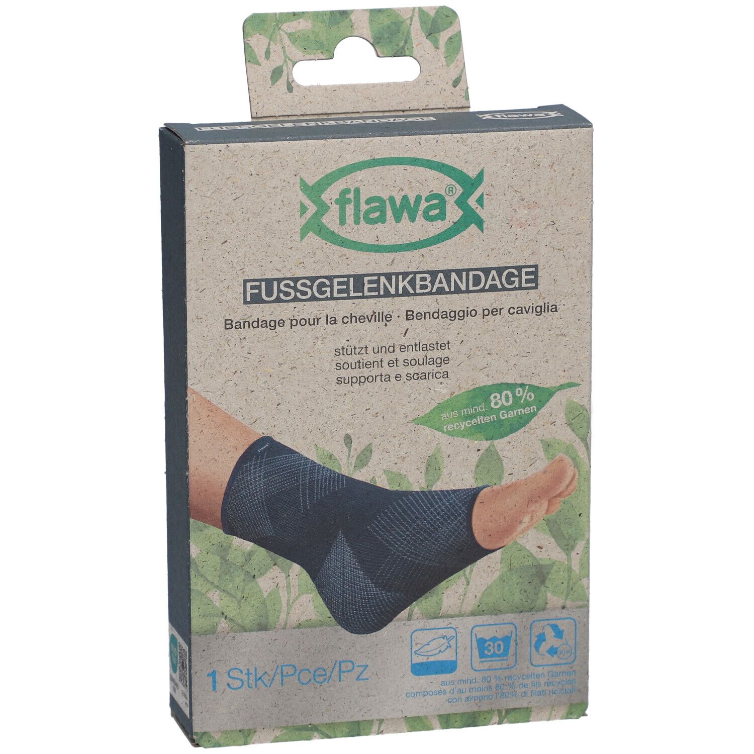 flawa® Knöchelbandage Größe M in Verpackung. Text: FUSSGELENKBANDAGE, Bandage pour la cheville, Benda per caviglia.