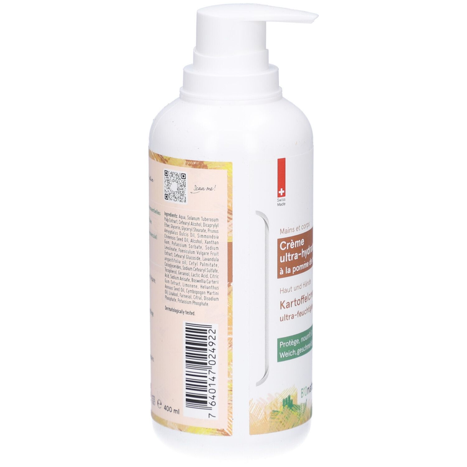 Weiße Flasche mit Spender. Aufschrift: Crème ultra-hydratante à la pomme de terre. Zutatenliste.
