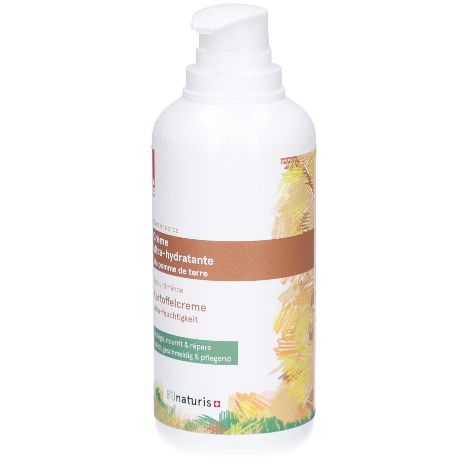 Weiße Flasche mit Spender. Aufschrift: Crème ultra-hydratante à la pomme de terre. B'ONaturis Logo.