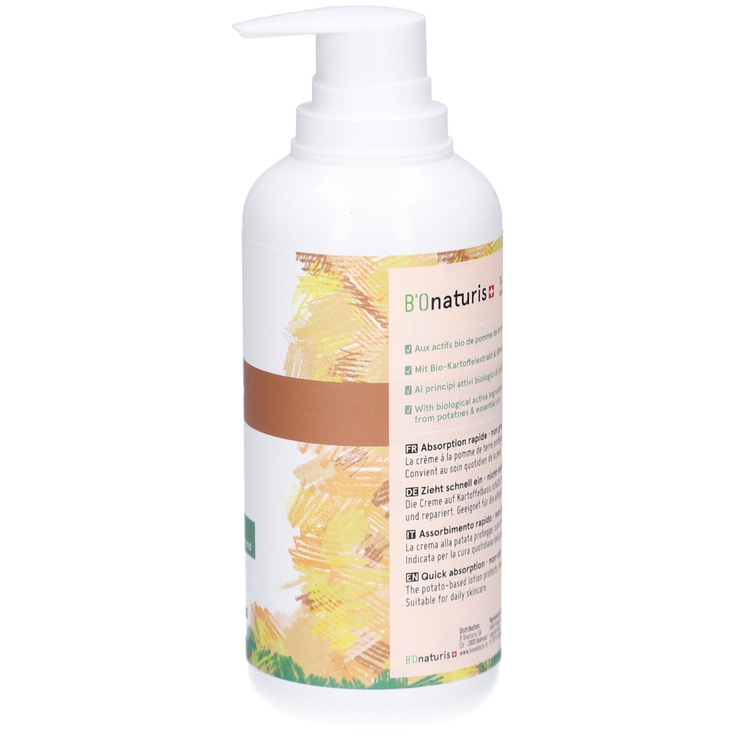 Weiße Flasche mit Spender. Aufschrift: Crème ultra-hydratante à la pomme de terre. Text über Inhaltsstoffe.
