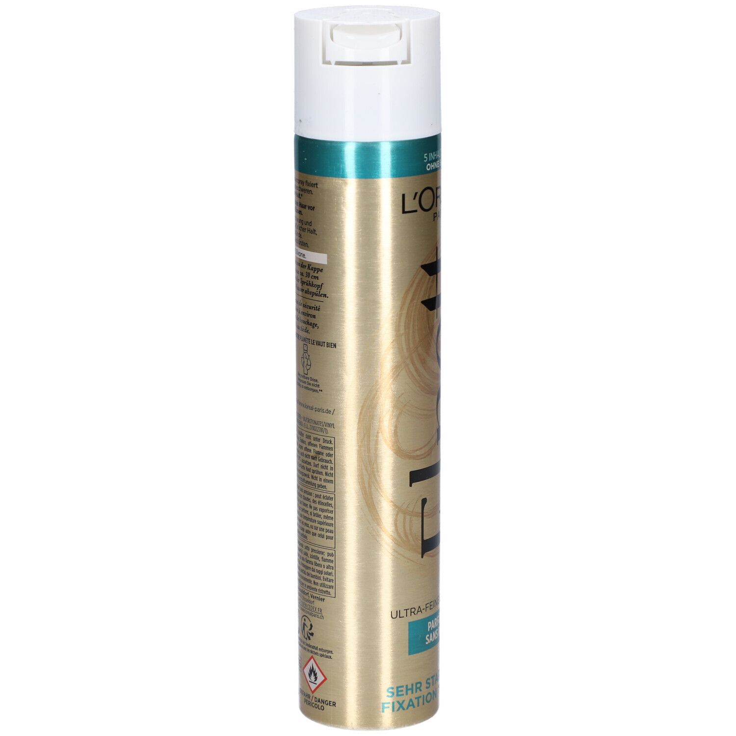 L'Oréal Paris Elnett Haarspray ohne Parfum. Rückseite der Dose mit Text. Goldene Dose mit weißem Deckel.