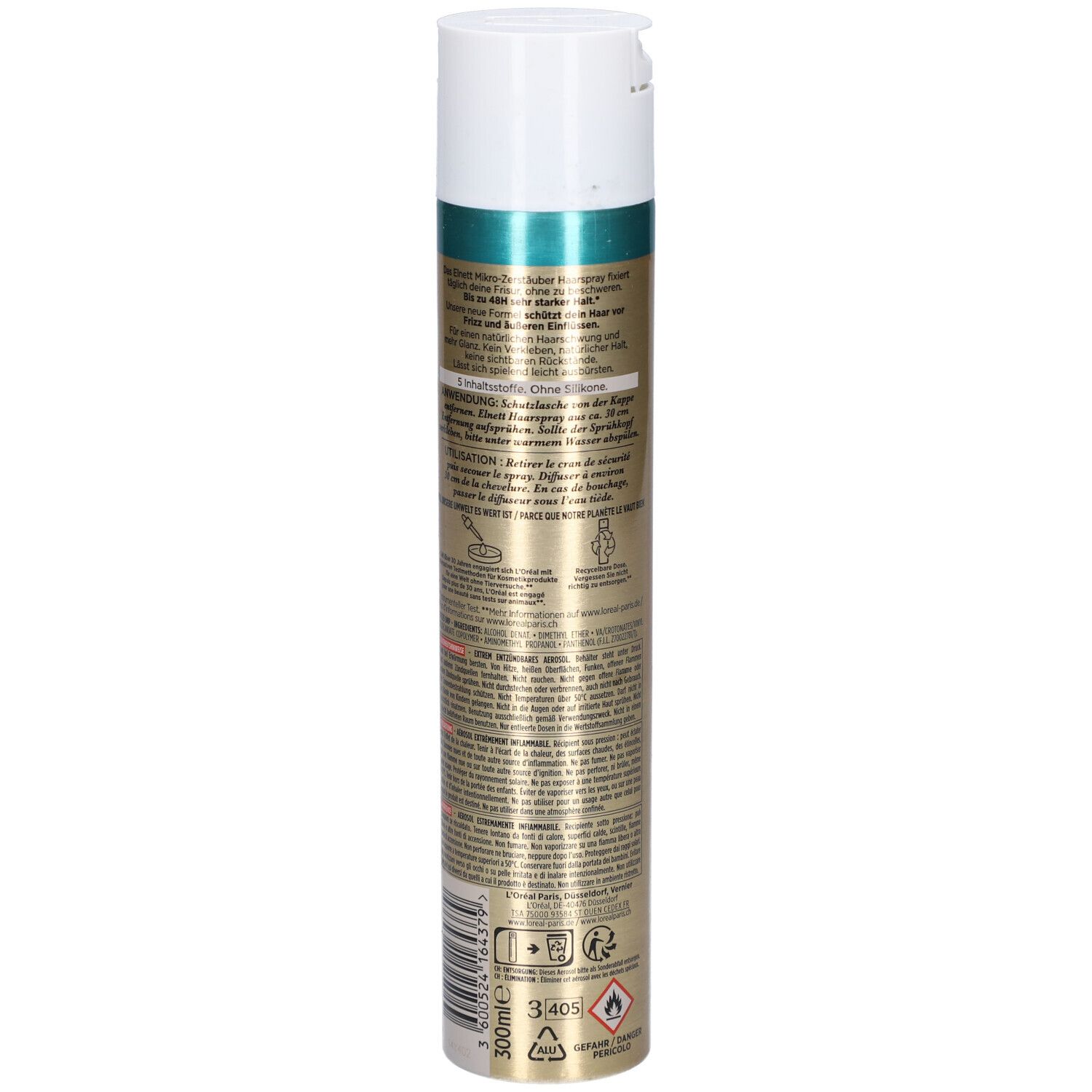 L'Oréal Paris Elnett Haarspray ohne Parfum. Rückseite der Dose mit Text und Warnhinweisen. Goldene Dose.