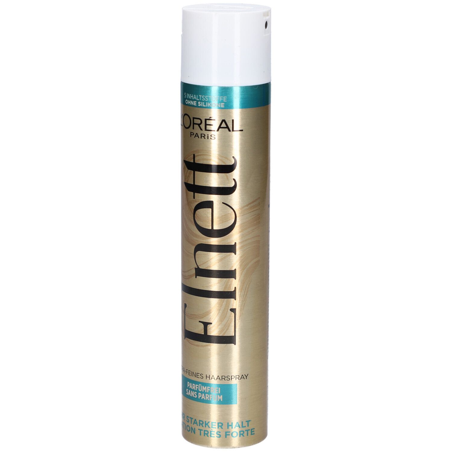 L'Oréal Paris Elnett Haarspray ohne Parfum. Goldene Dose mit weißem Deckel. Schriftzug Elnett und L'Oréal Paris.