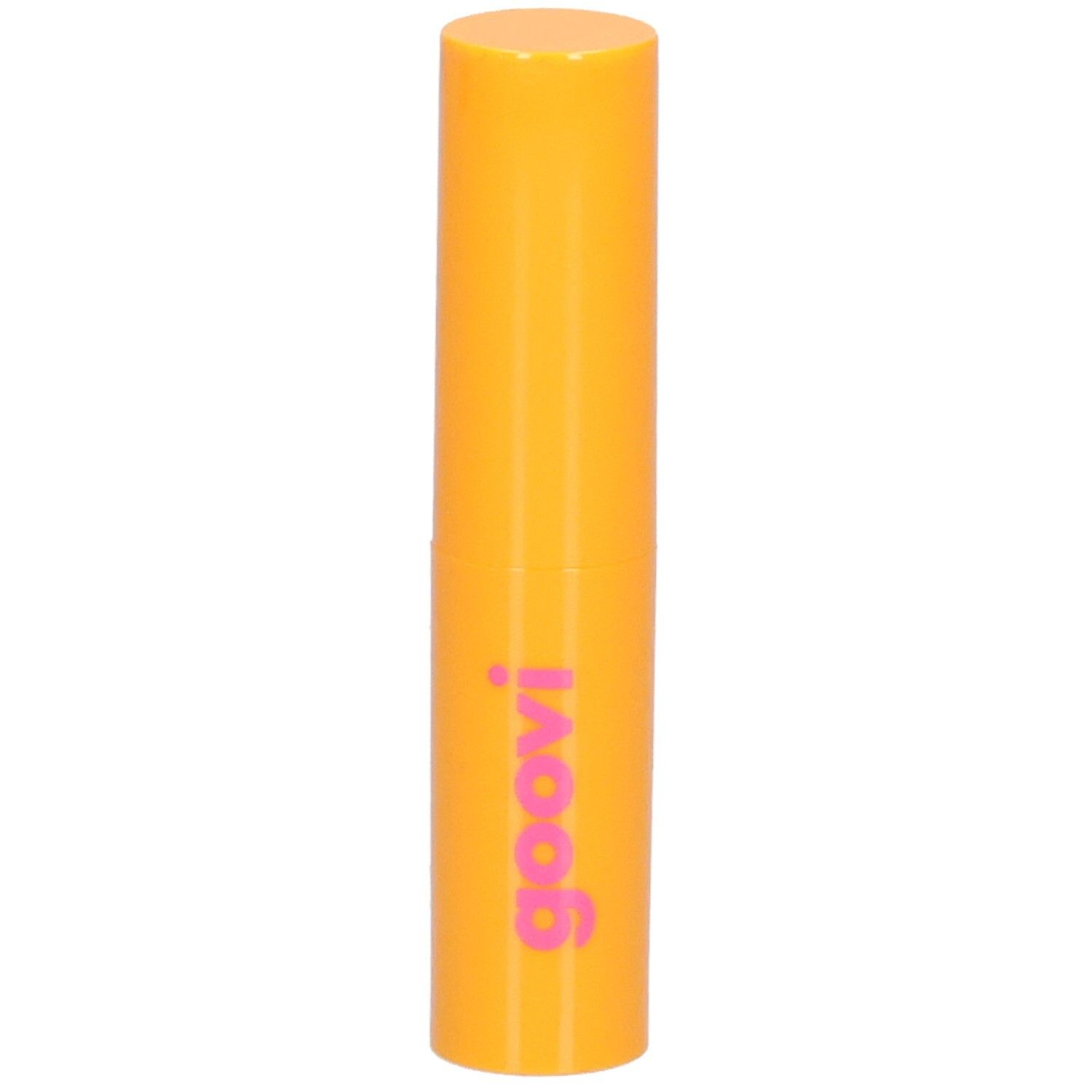 Orange Lippenbalsam-Hülse mit rosa Schriftzug 'goovi'.