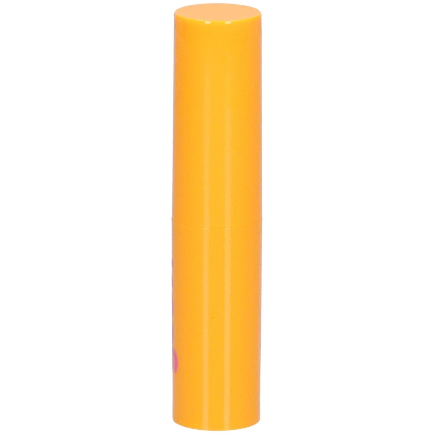 Orange Lippenbalsam-Hülse mit rosa Schriftzug 'goovi'.
