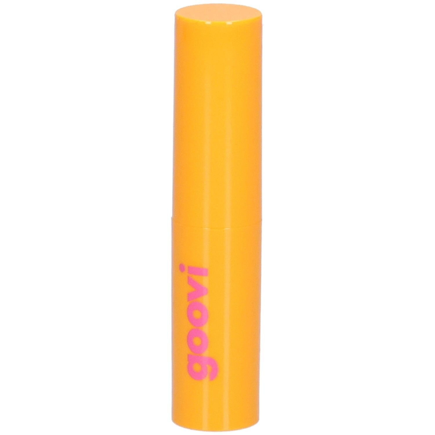 Orange Lippenbalsam-Hülse mit rosa Schriftzug 'goovi'.