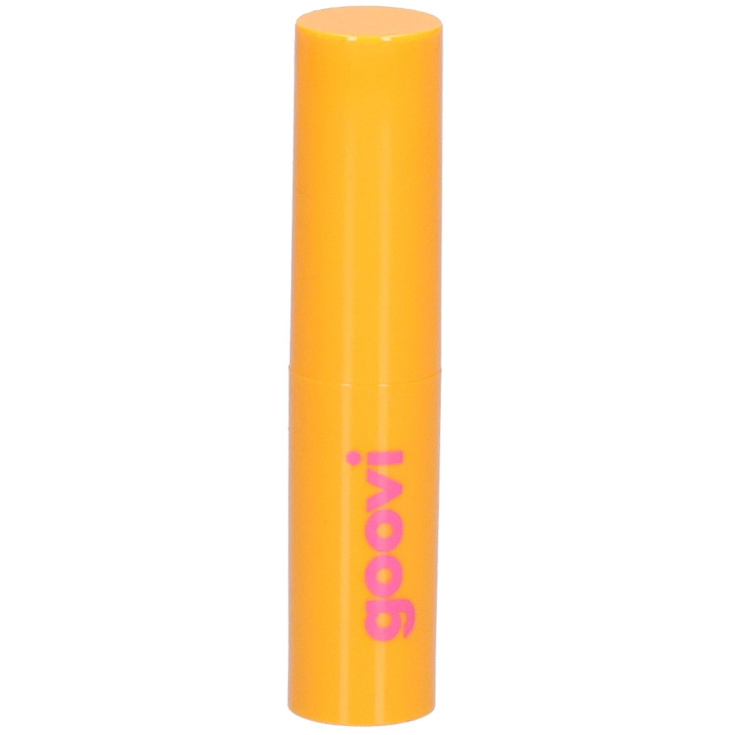 Orange Lippenbalsam-Hülse mit rosa Schriftzug 'goovi'.