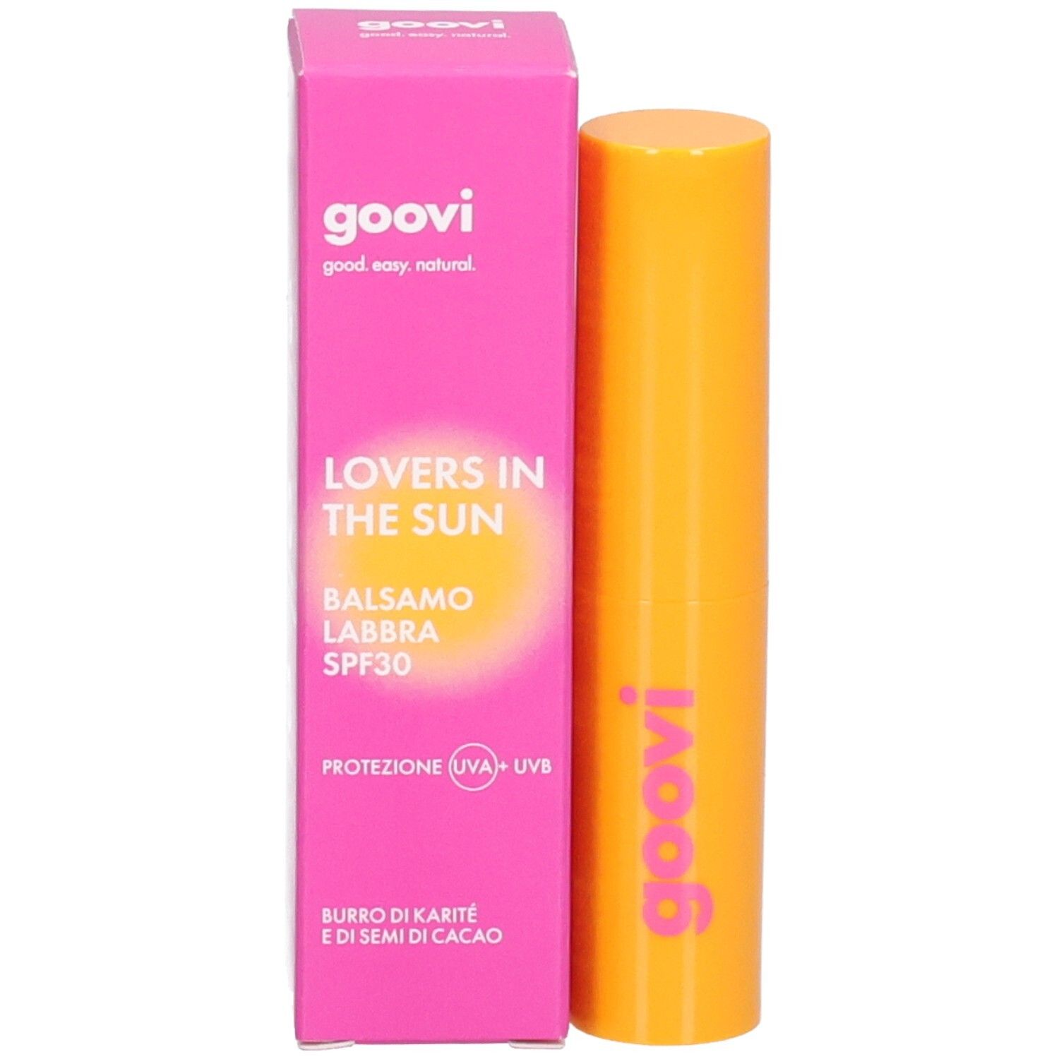 Lippenbalsam-Verpackung mit Lippenbalsam-Hülse. Rosa Karton mit 'goovi Lovers in the Sun Balsamo Labbra SPF30'.