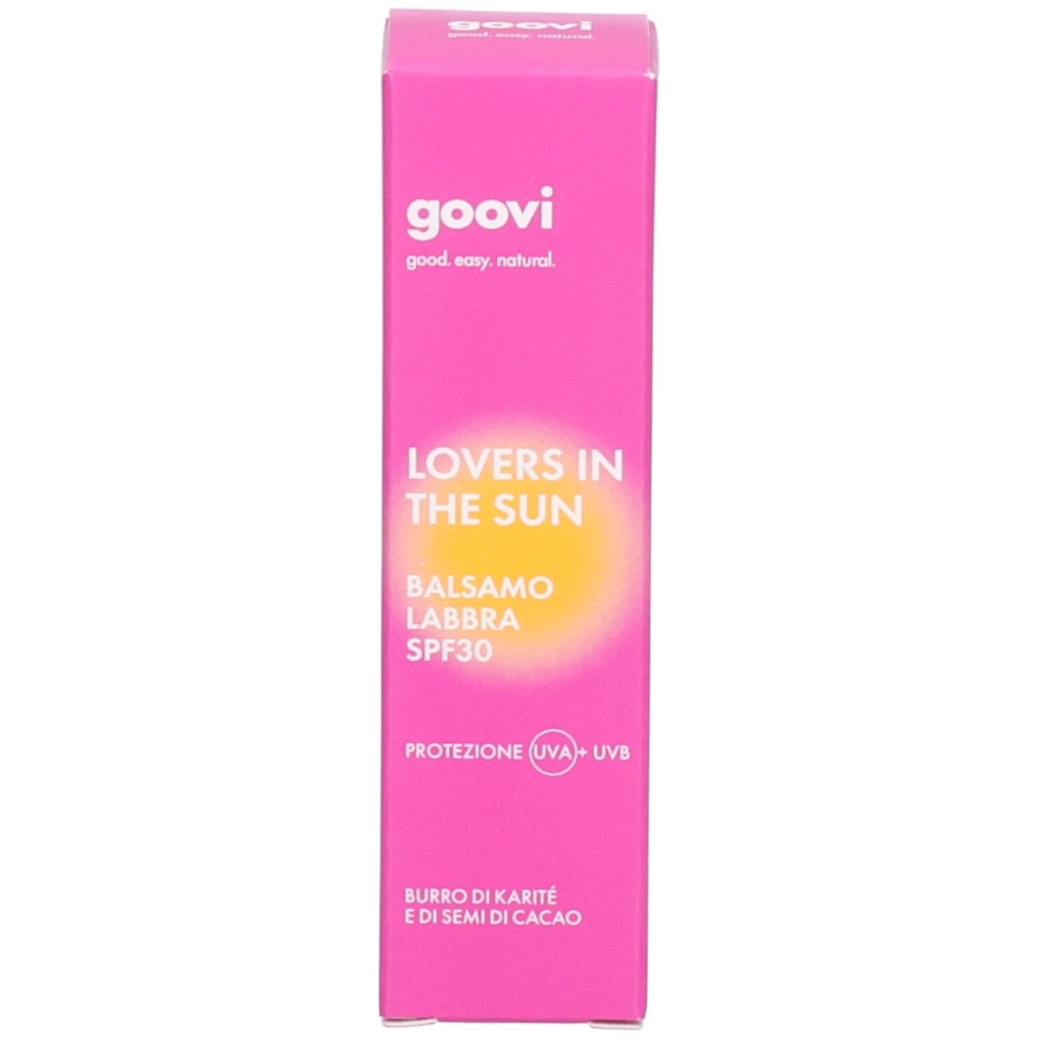 Lippenbalsam-Verpackung mit Lippenbalsam-Hülse. Rosa Karton mit 'goovi Lovers in the Sun Balsamo Labbra SPF30'.